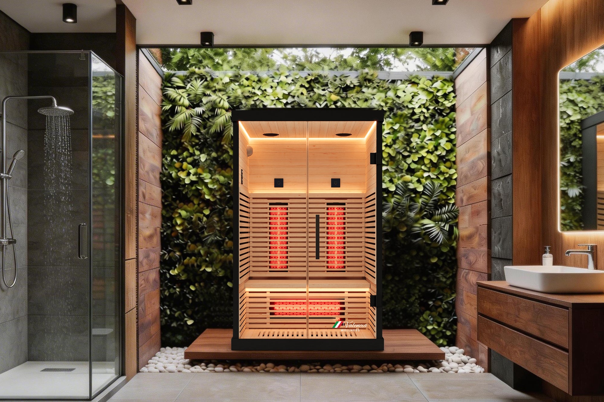 Valencia Aura 2-Person full spectrum infrared sauna front view in a bright modern living space