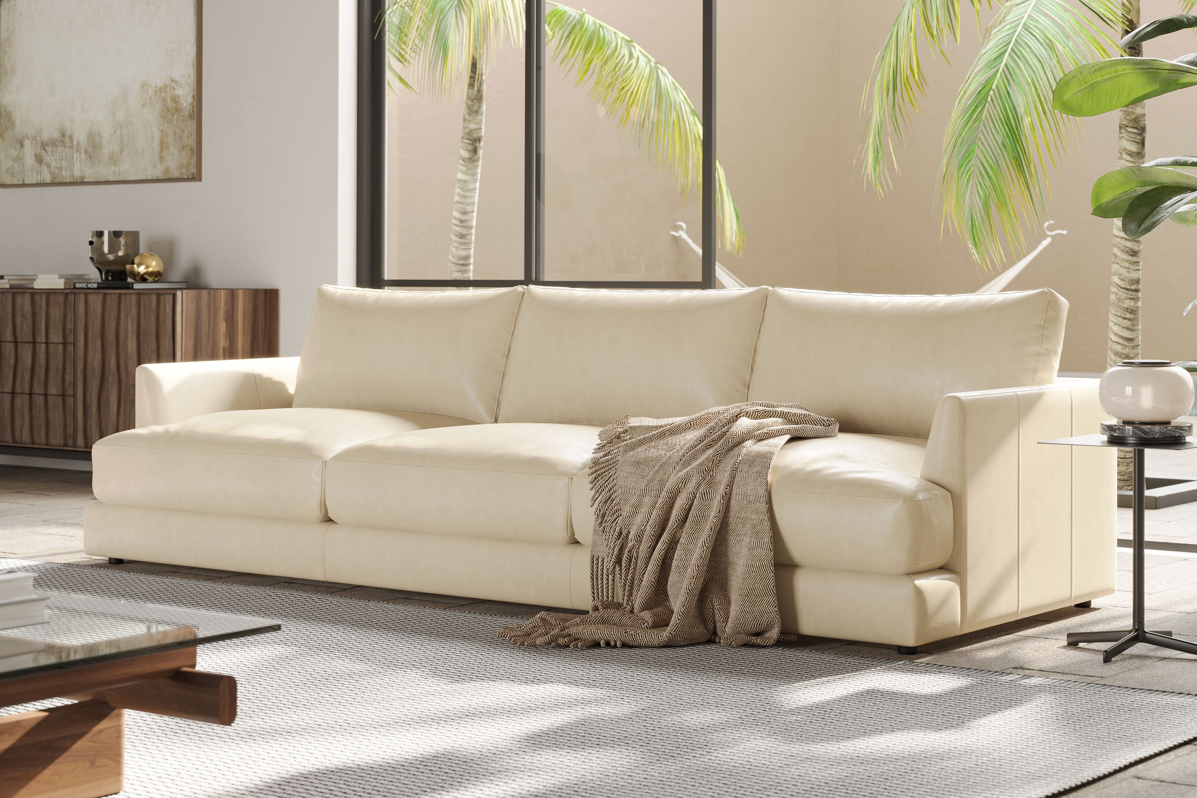 Valencia Serena Leather Three Seats Sectional Sofa, Beige