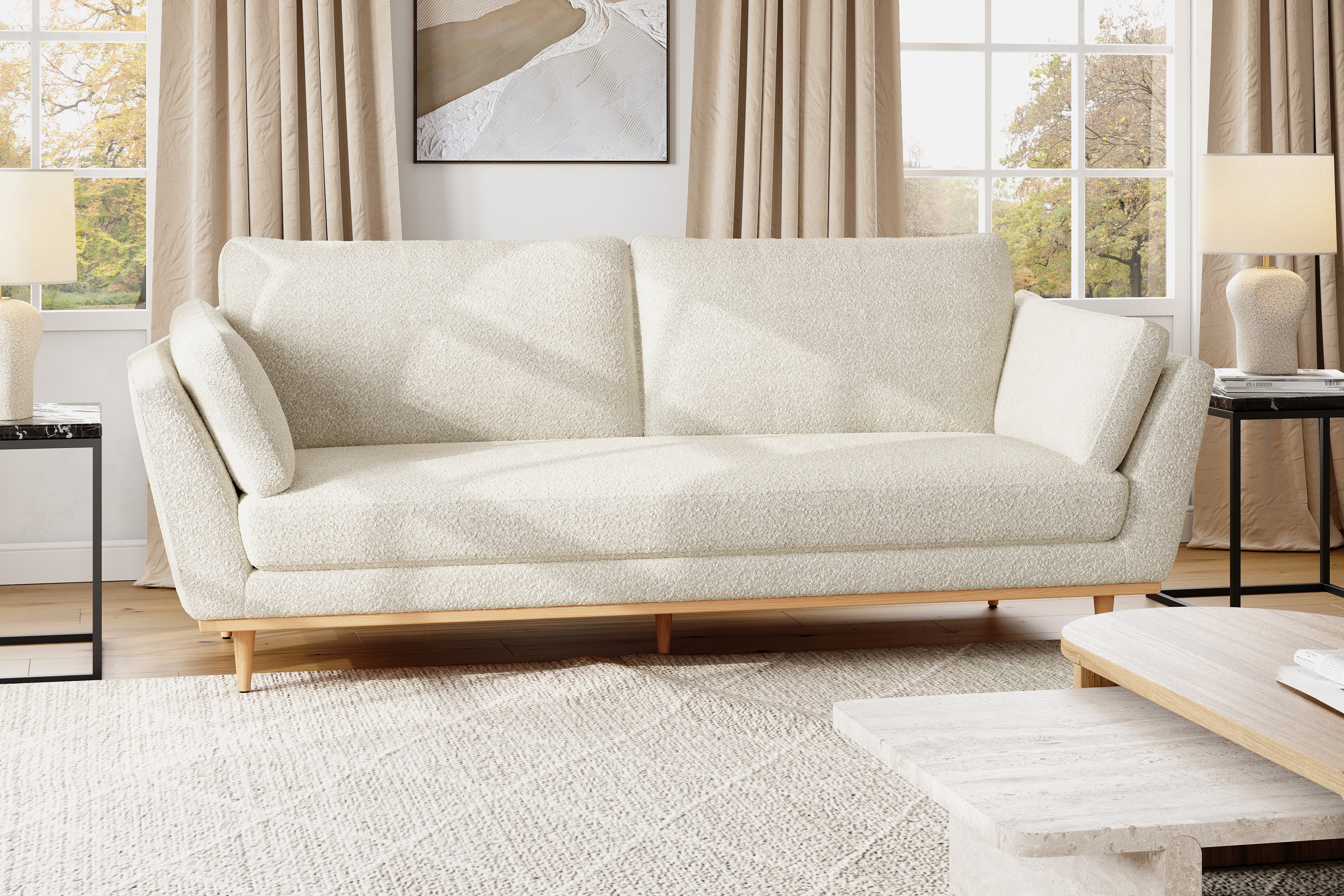 Valencia Mila Boucle Fabric Loveseat Sofa with Wood Base, Beige