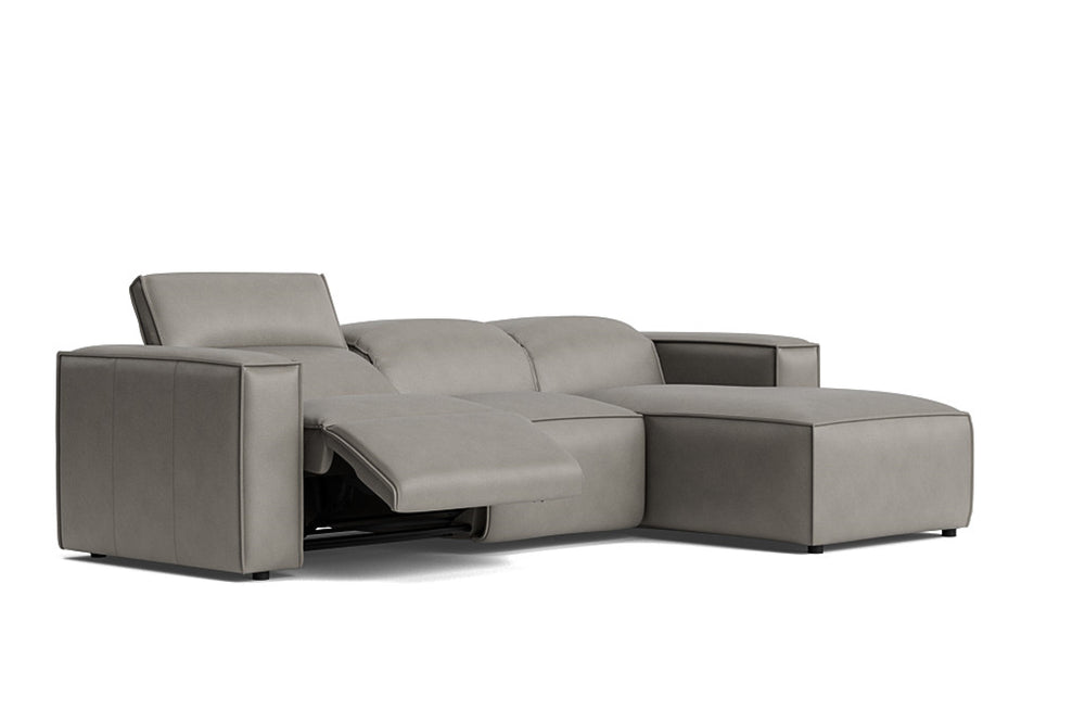 Valencia Emery Leather Sectional Sofa, Recliner Three Seats with Right Chaise, Light Grey