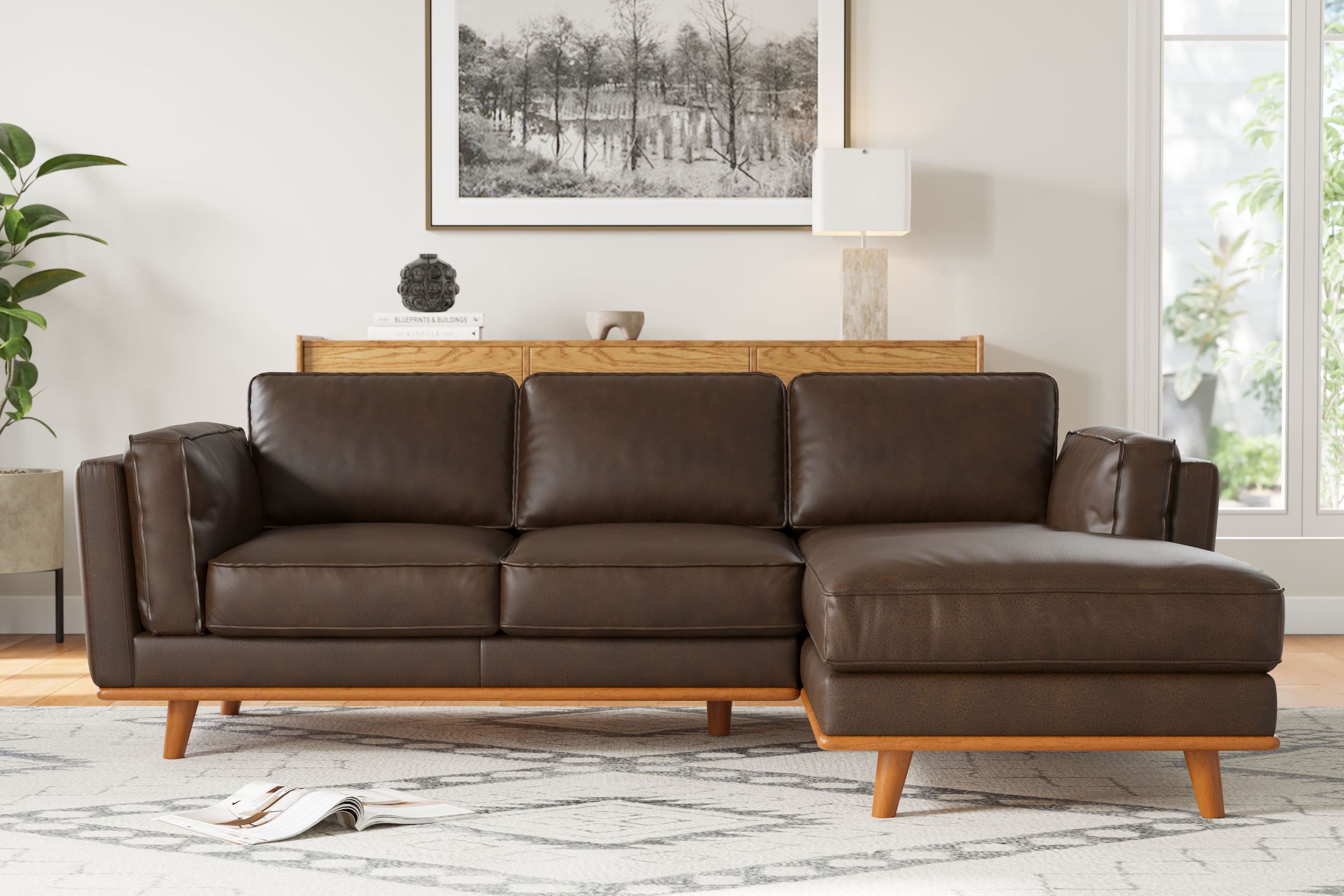 Valencia Artisan Top Grain Three Seats with Right Hand Chaise Leather Sofa, Chocolate