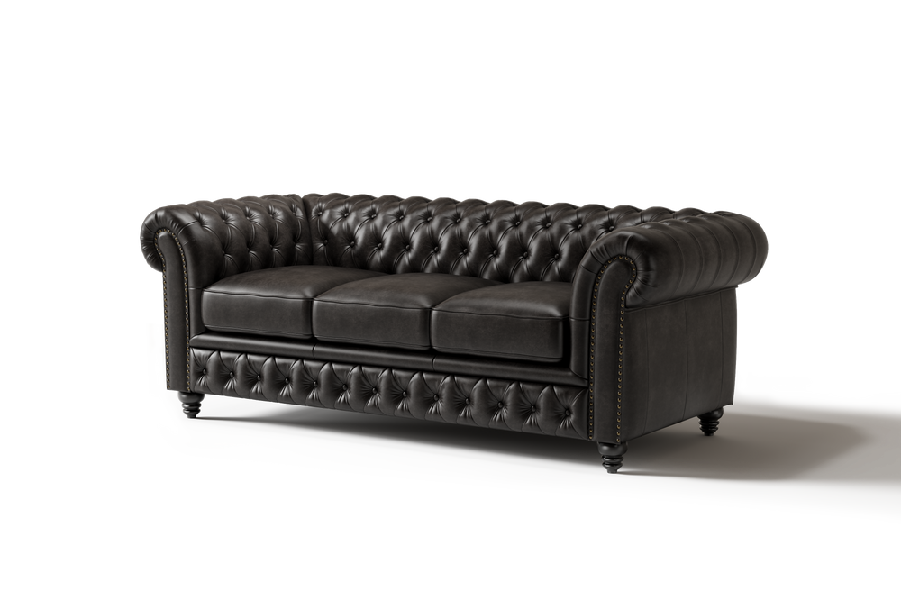 Valencia Parma 82" Full Aniline Leather Chesterfield Three Seats Sofa, Black