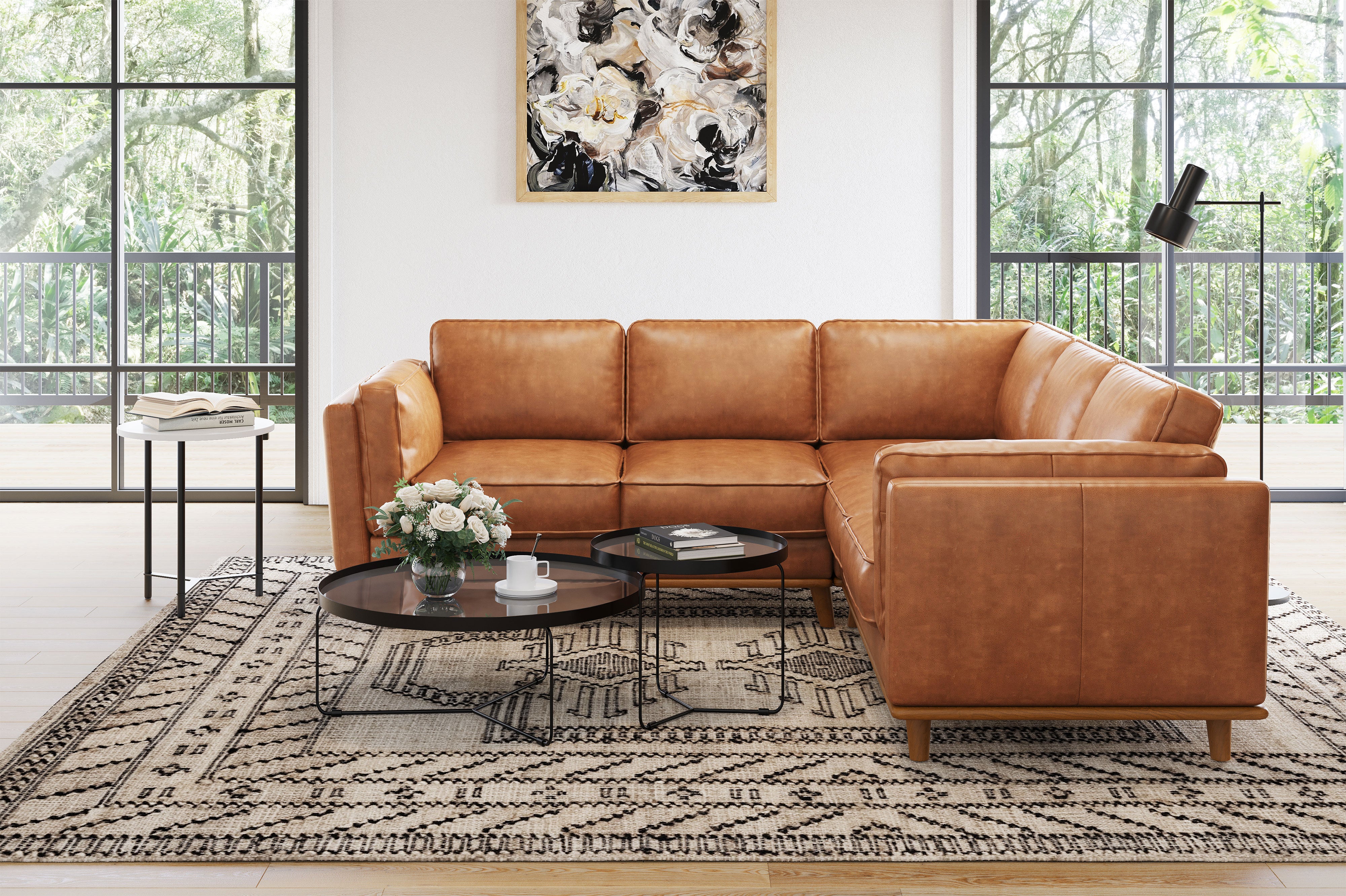 Valencia Artisan L-Shape Corner Leather Sectional Sofa, Cognac