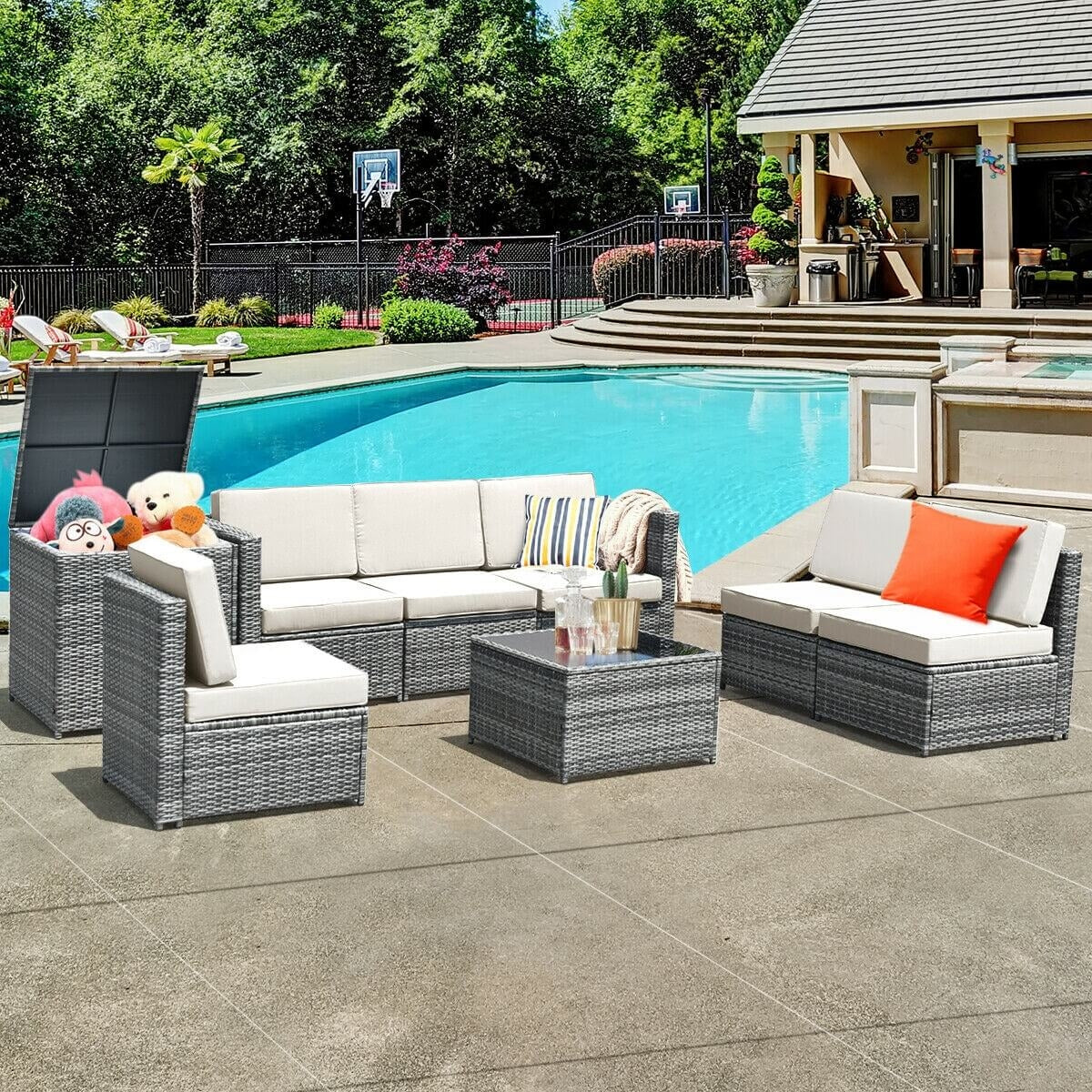 8 Piece Wicker Sofa Rattan Dinning Set Patio Furniture with Storage Table
