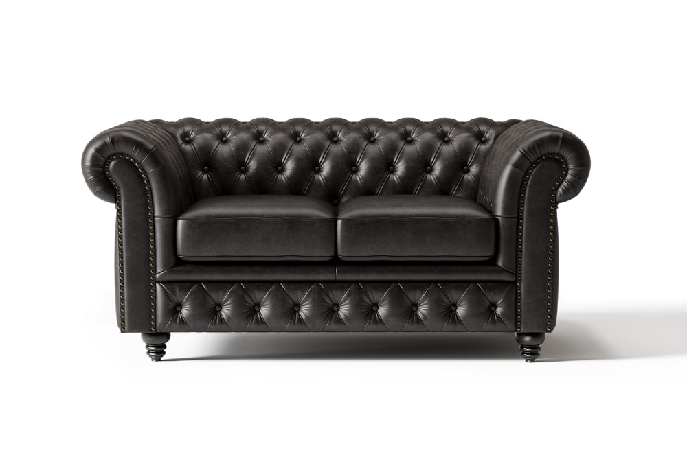 Valencia Parma 64" Full Aniline Leather Chesterfield Loveseat Sofa, Black Color