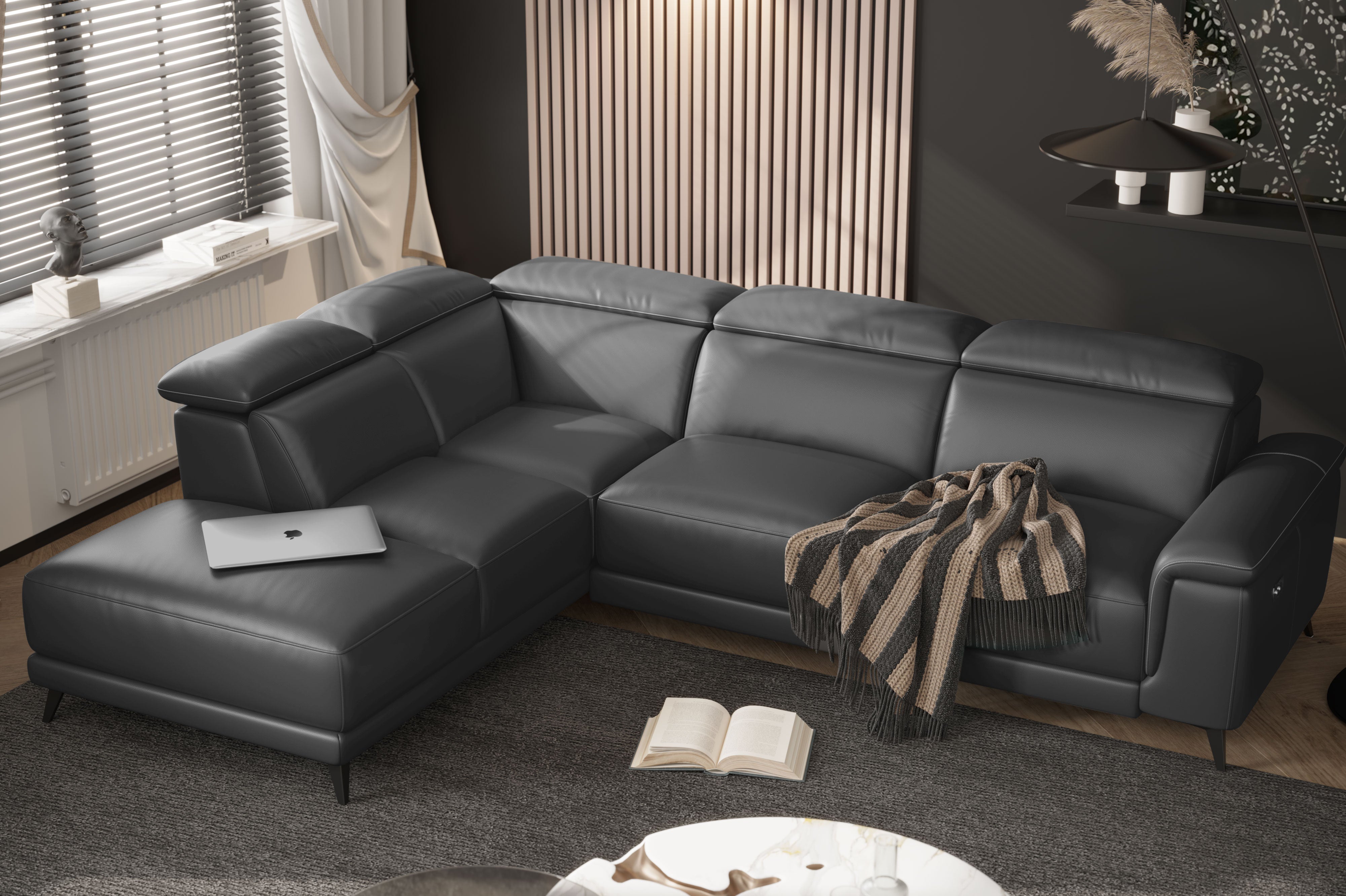 Valencia Pista Modern Top Grain Leather Reclining Sectional Sofa with Left-Hand Facing Chaise, Grey