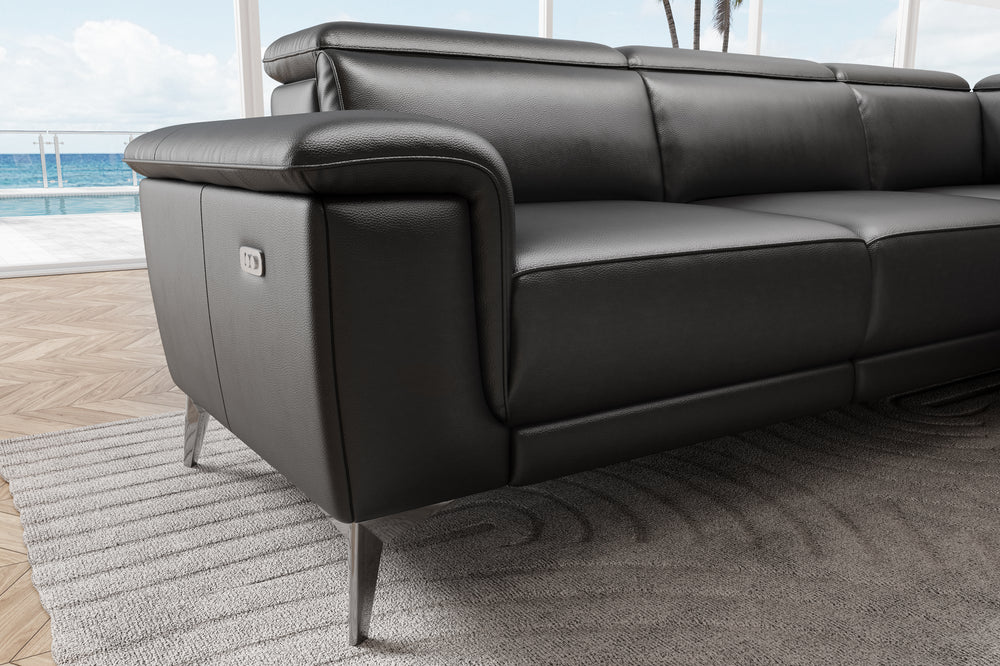 Valencia Pista Modern Top Grain Leather Reclining Sectional Sofa with Right-Hand Facing Chaise, Black