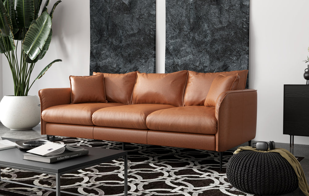 In a Living Room, There is Right Angled Front View of A Modern. Walnut Brown, Three Seats, Top-Grain Premium Leather Contemporary Sofa.