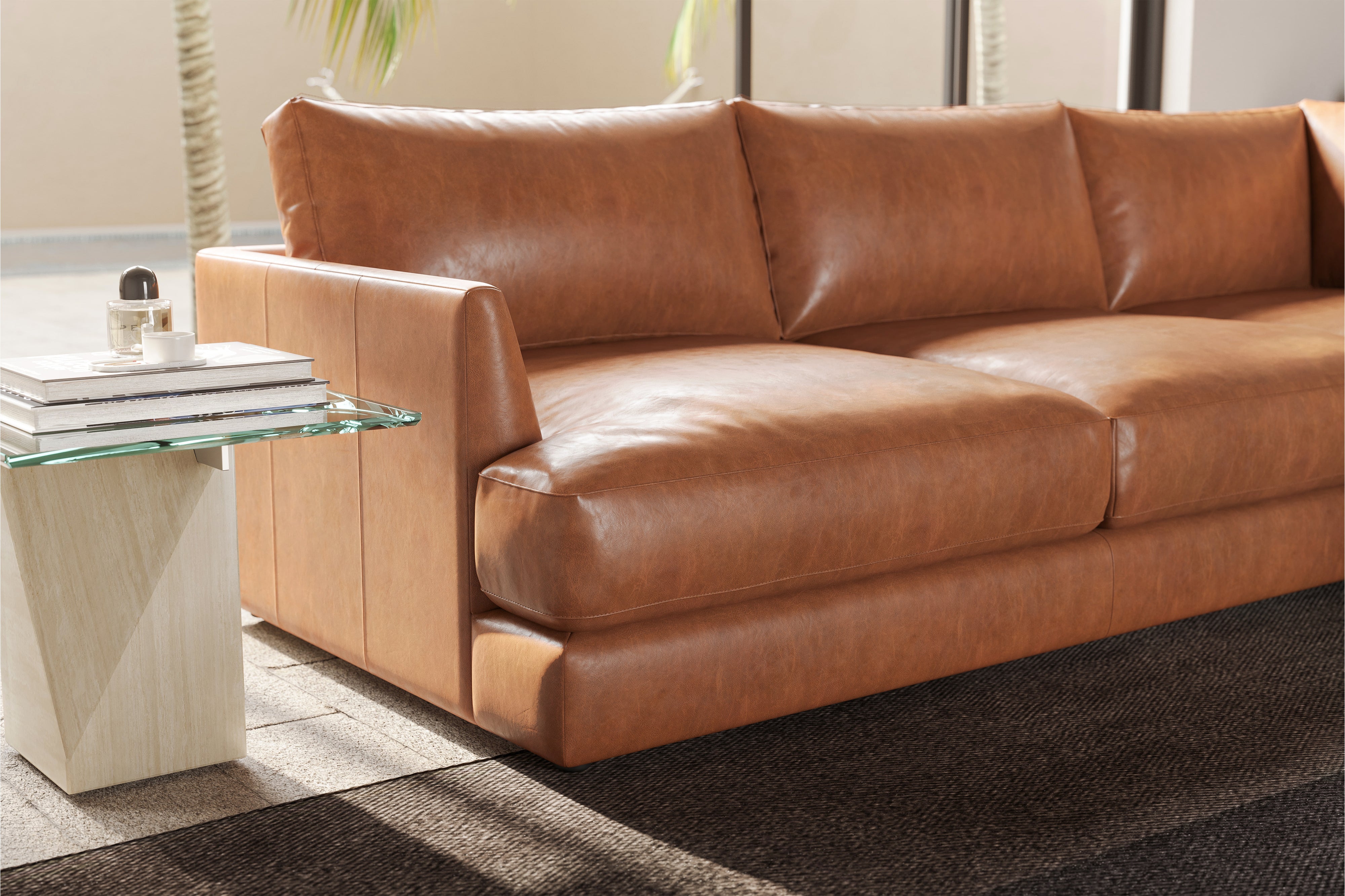 Valencia Serena Leather Three Seats with Right Chaise Sectional Sofa, Cognac