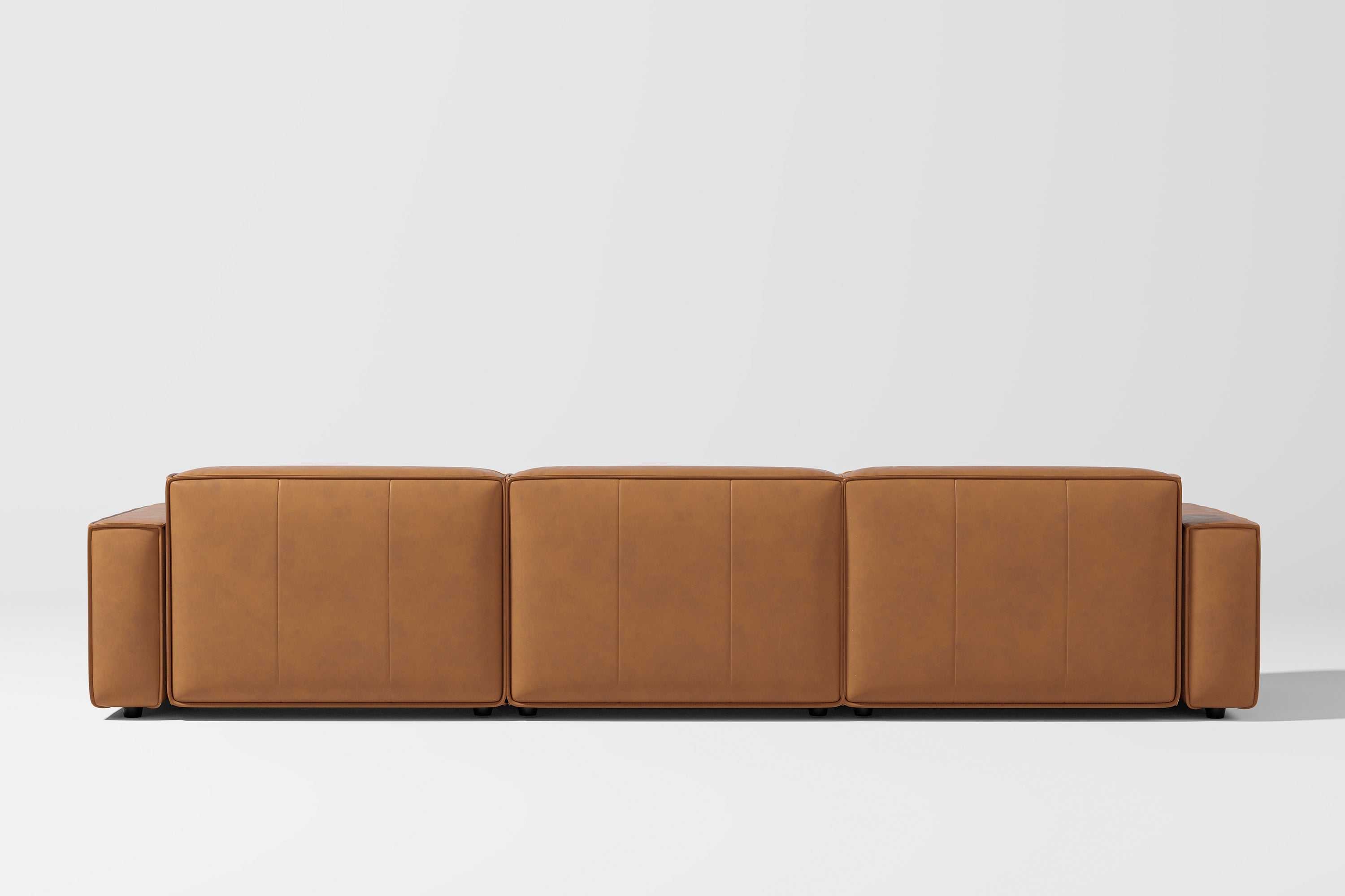 Valencia Nathan Full Aniline Leather Modular Sofa with Down Feather, Row of 3 with 2 Chaises, Caramel Brown Color