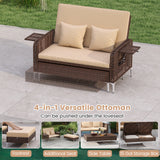 2 Piece Patio Rattan Daybed Wicker Loveseat and Ottoman with Adjustable Backrest