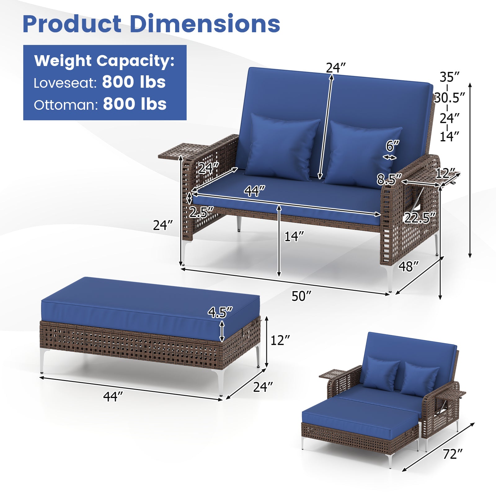 2 Piece Patio Rattan Daybed Wicker Loveseat and Ottoman with Adjustable Backrest