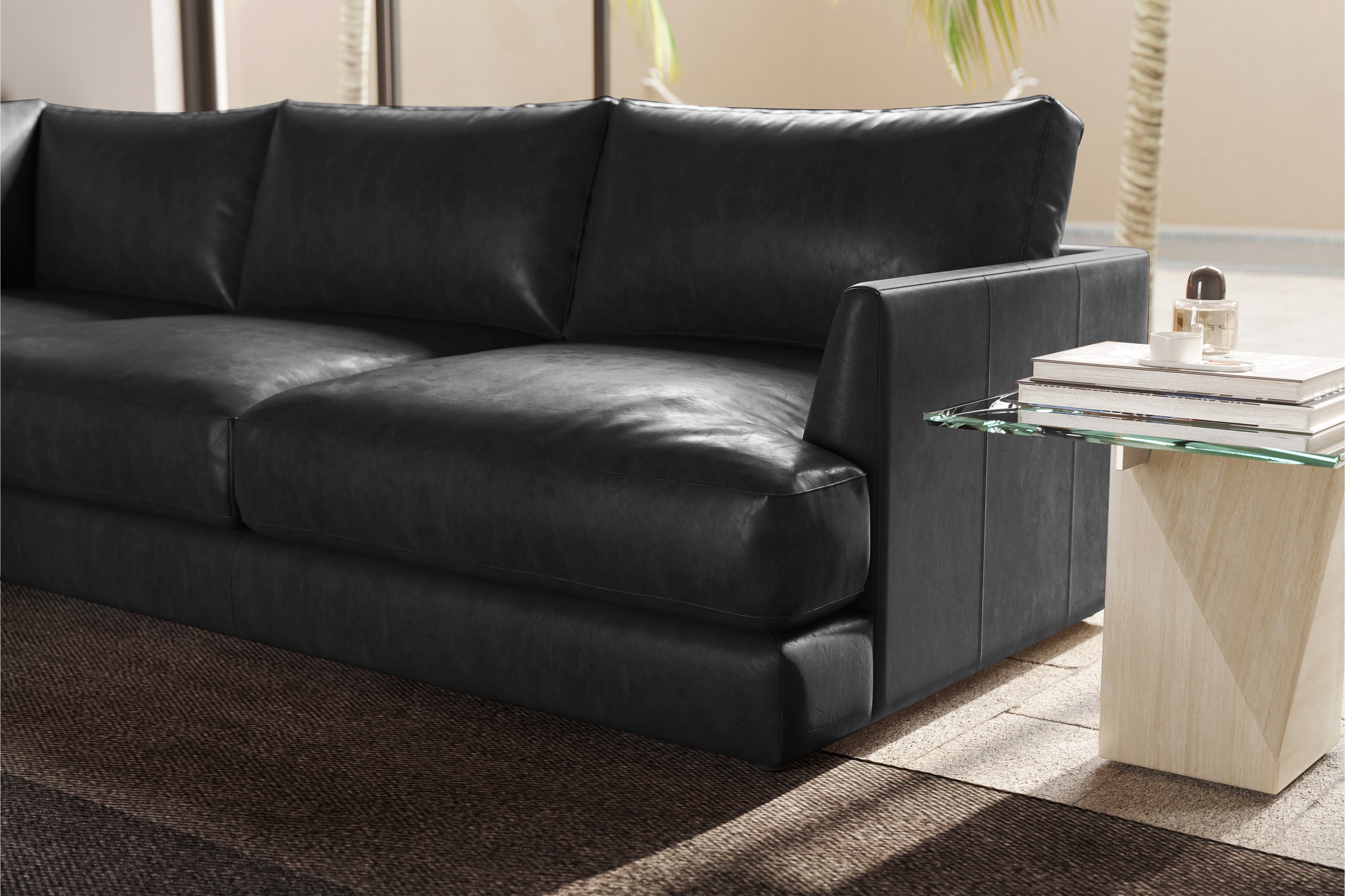 Valencia Serena Leather Three Seats Sectional Sofa, Black