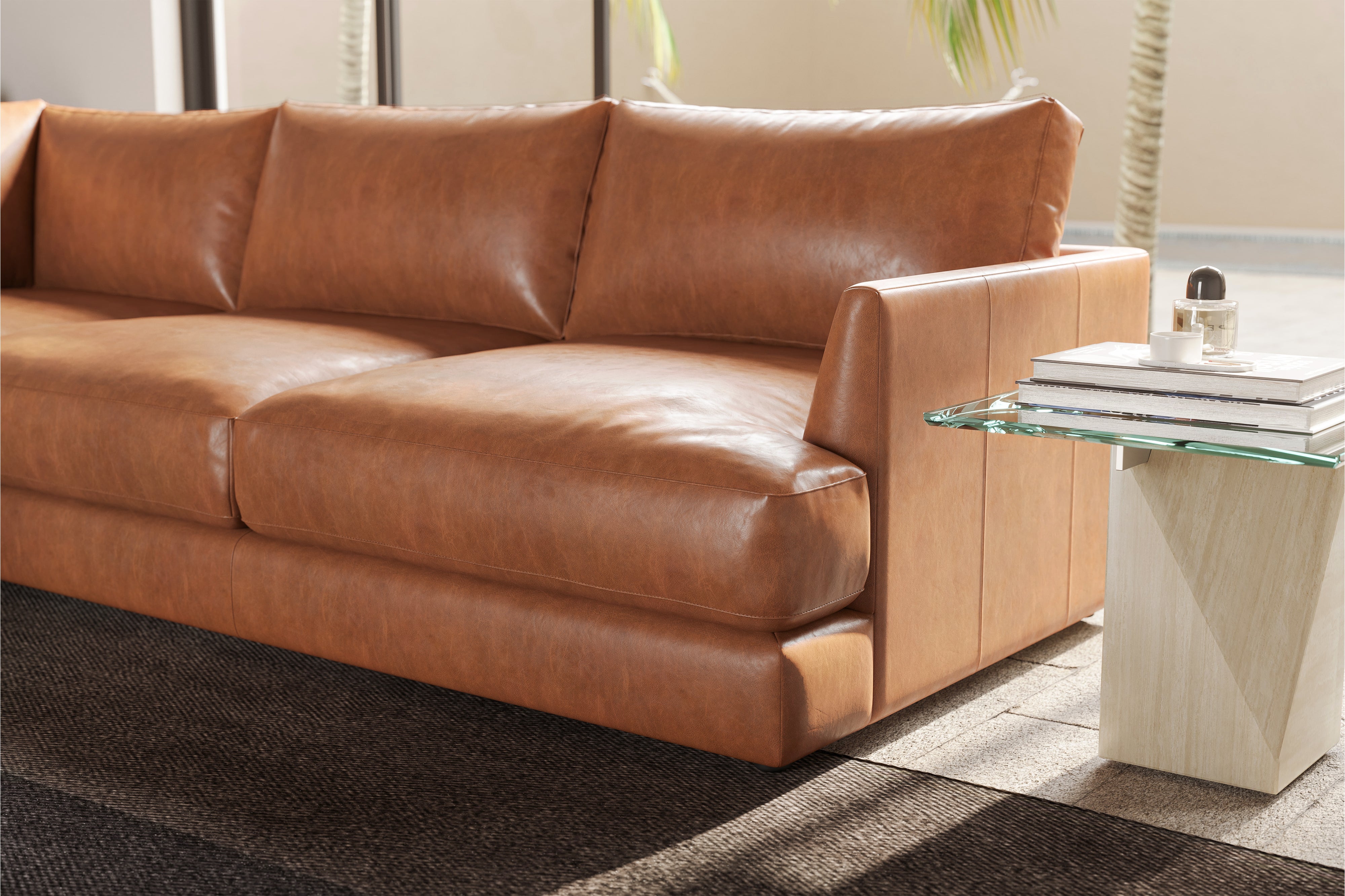 Valencia Serena Leather Three Seats Sectional Sofa, Cognac