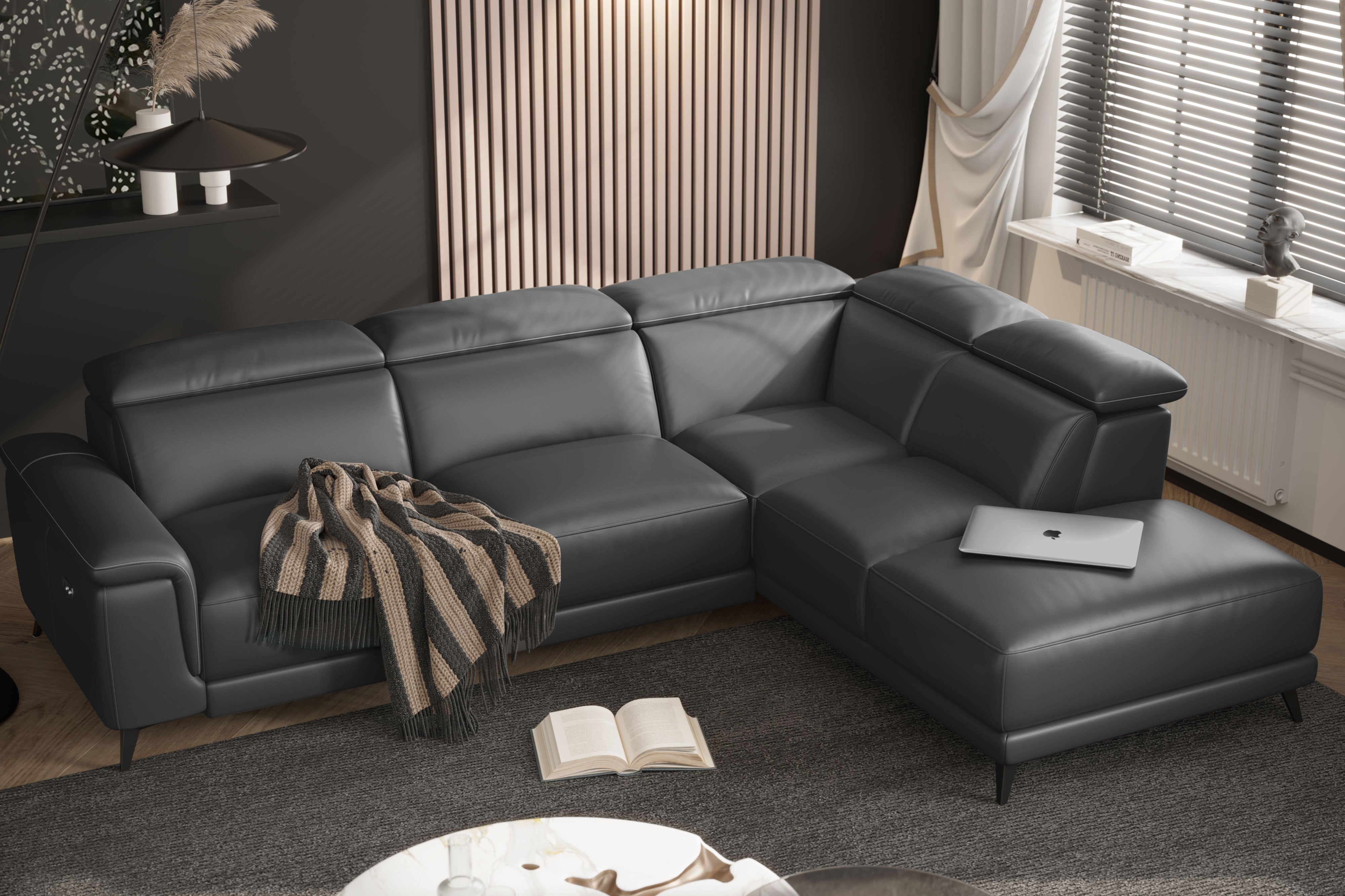 Valencia Pista Modern Top Grain Leather Reclining Sectional Sofa with Right-Hand Facing Chaise, Grey