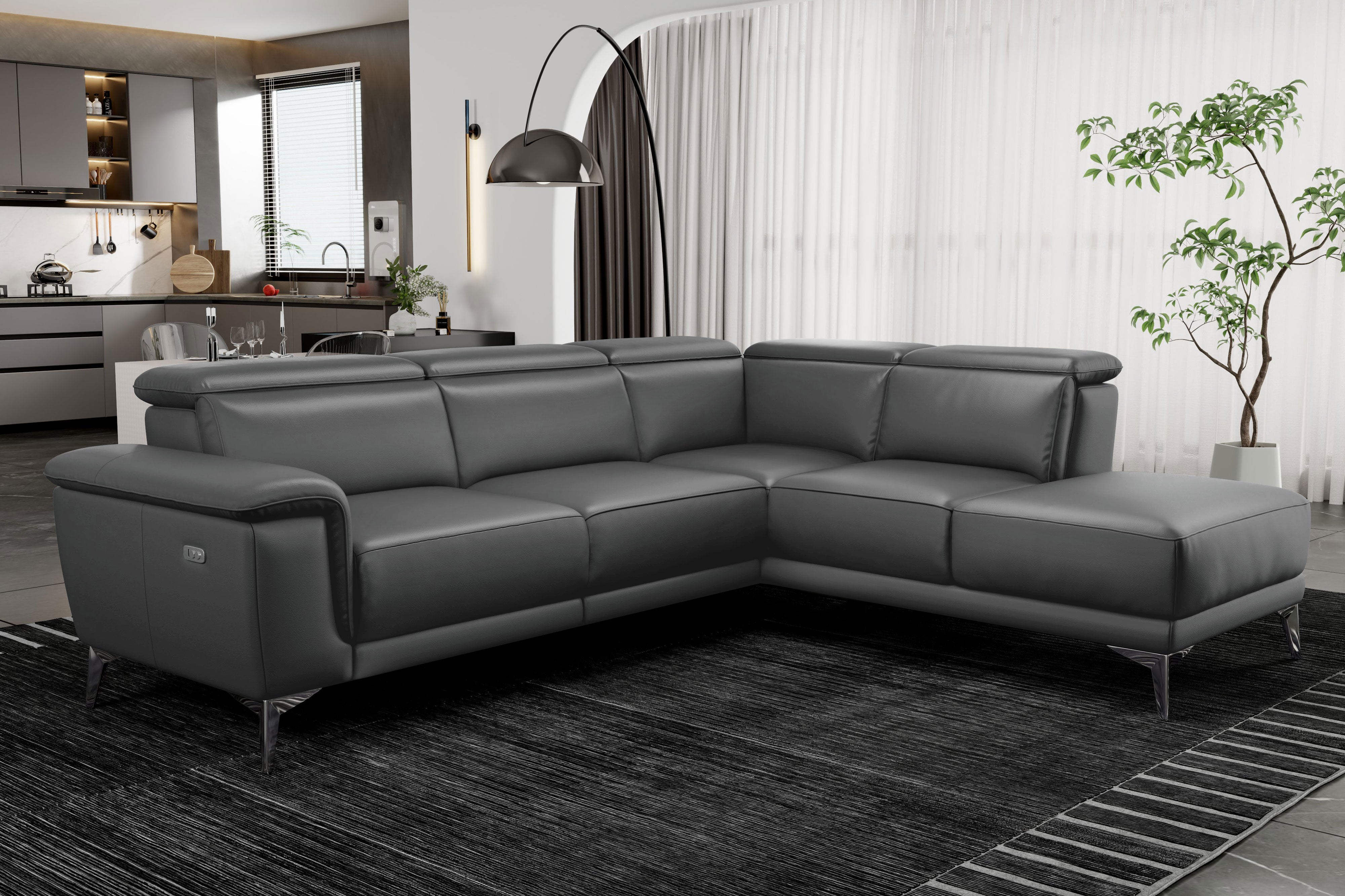 Valencia Pista Modern Top Grain Leather Reclining Sectional Sofa with Right-Hand Facing Chaise, Grey