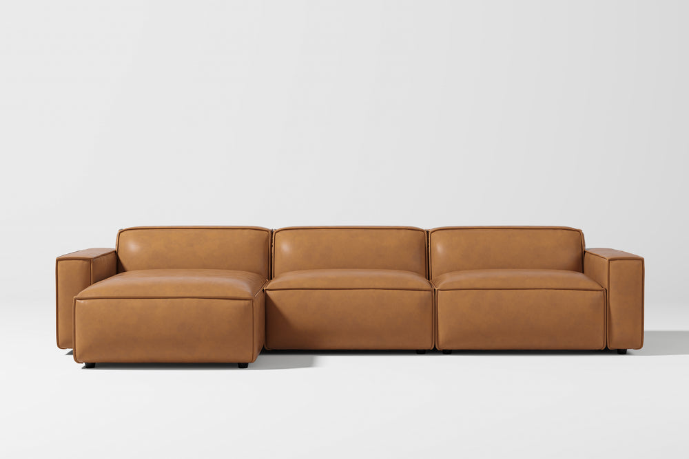 Valencia Nathan Aniline Leather Lounge Modular Sofa, Three Seats With Left Chaise, Caramel Brown Color