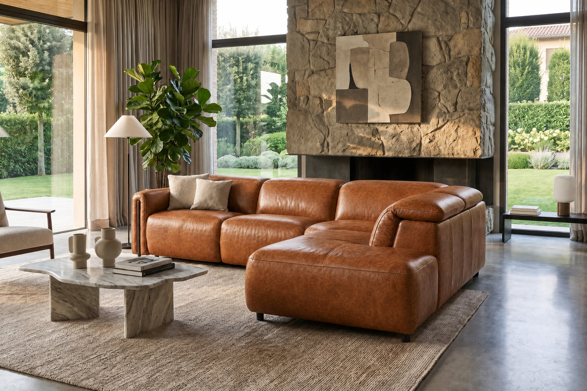 Octavia Distressed Italian Aniline Leather Reclining Corner Sectional Sofa