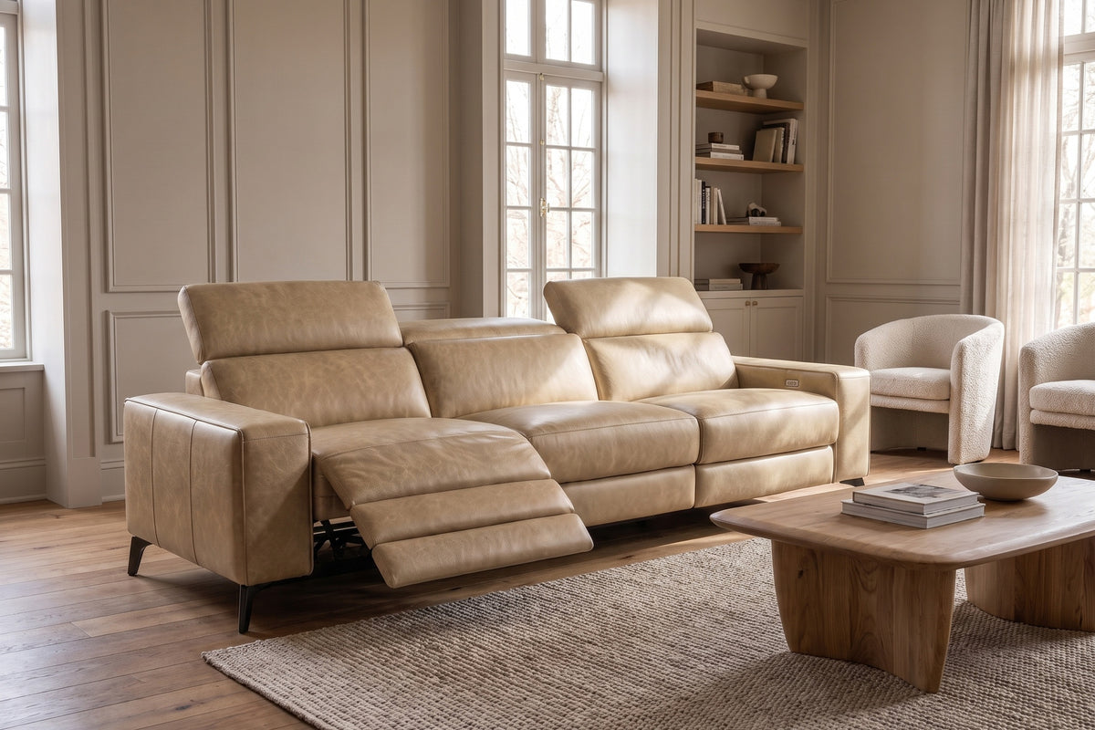 Esther Distressed Italian Aniline Leather Power Dual Recliner Sofa