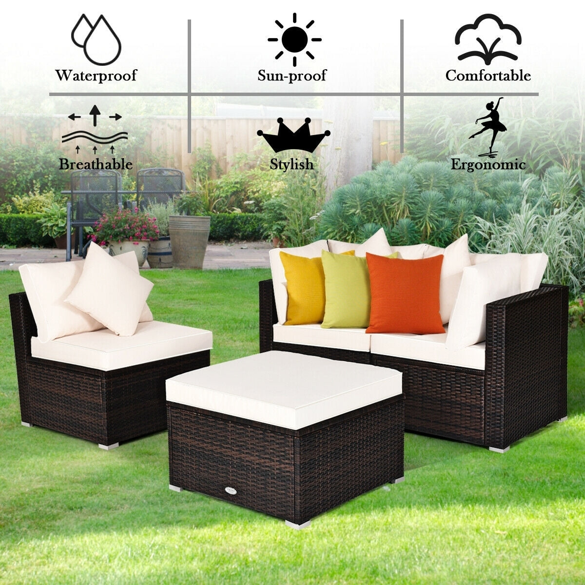 4 Pieces Ottoman Garden Patio Rattan Wicker Furniture Set with Cushion