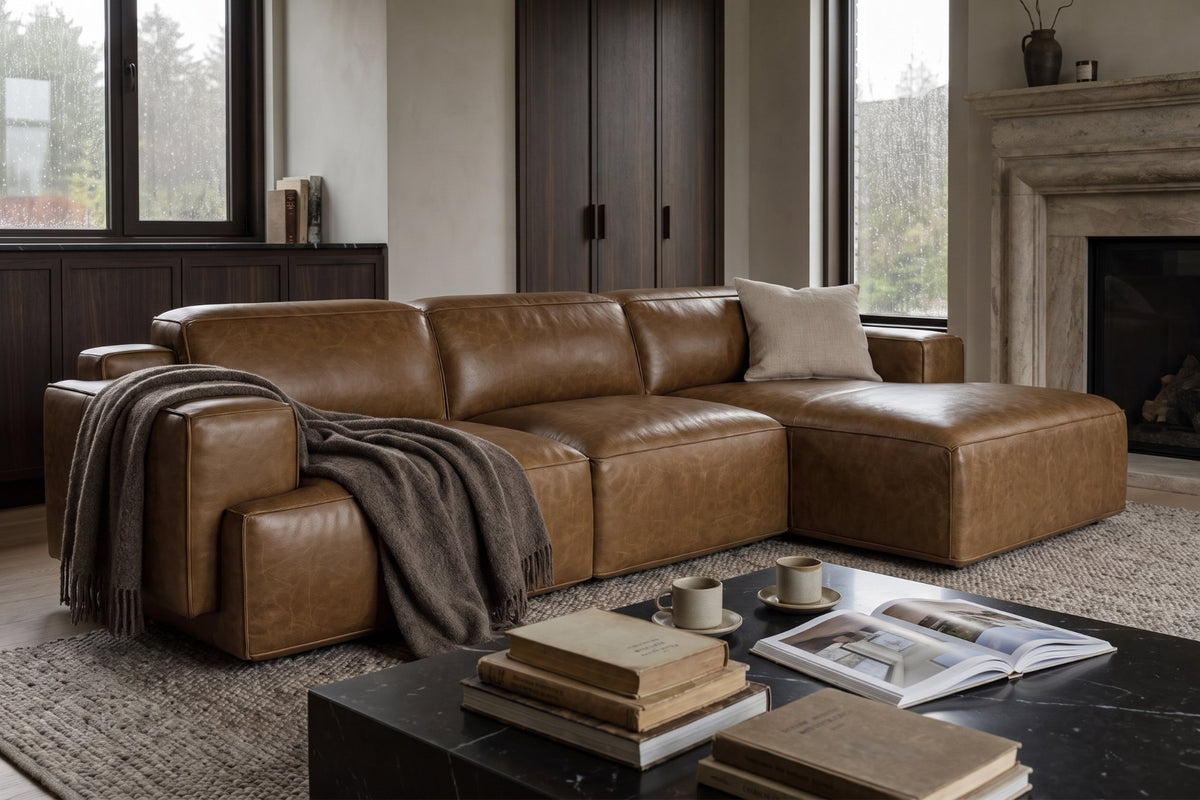 Valentina recliner Sectional in distressed Italian aniline leather