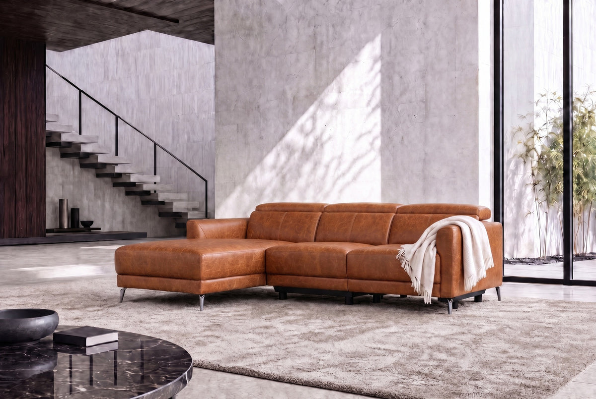 Andria Distressed Italian Aniline Leather Power Reclining Sectional Sofa