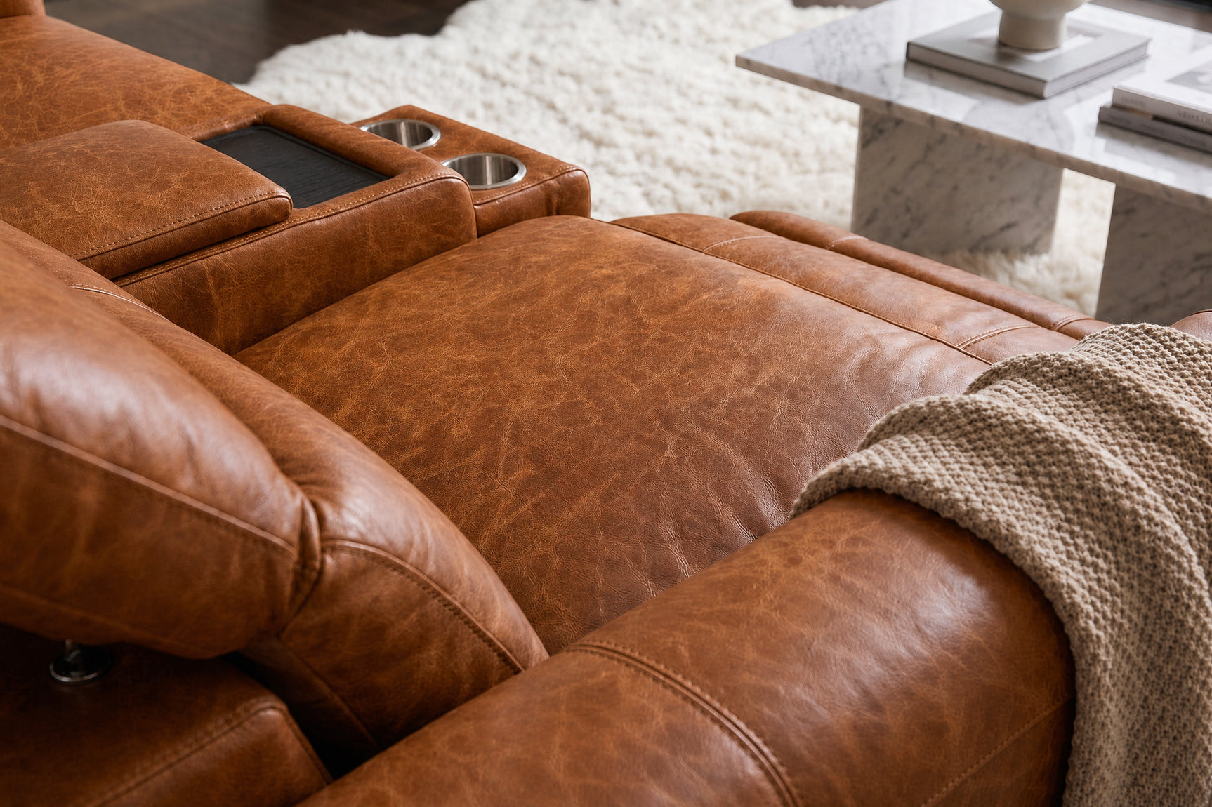 Elodie Distressed Italian Aniline Leather Dual Recliner Sofa with Console
