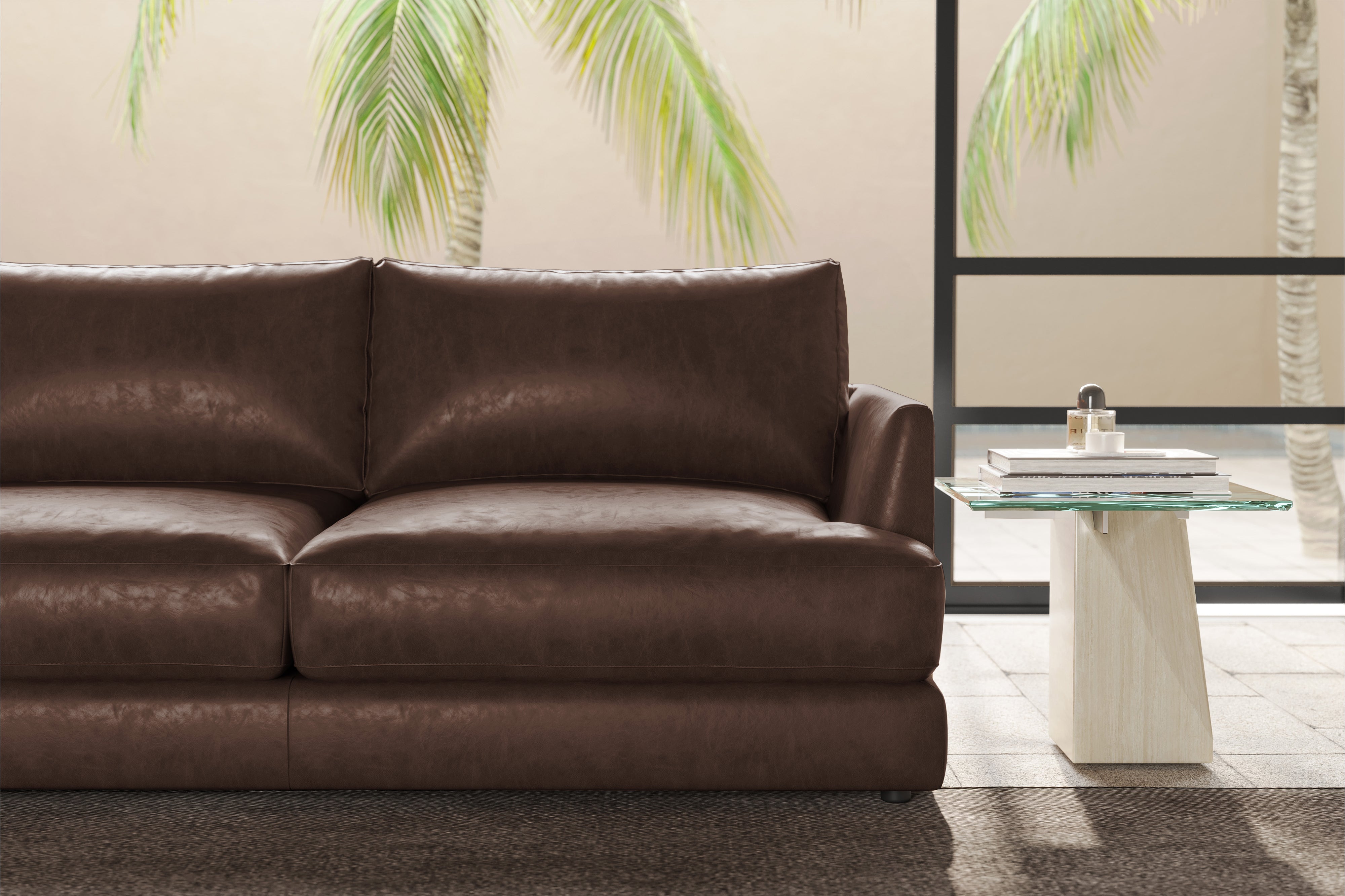 Valencia Serena Leather Three Seats with Left Chaise Sectional Sofa, Brown