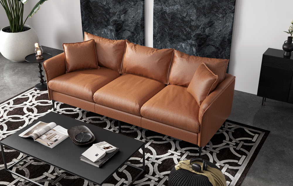 In a Living Room, There is Right Angled Front Top View of A Modern. Walnut Brown, Three Seats, Top-Grain Premium Leather Contemporary Sofa.