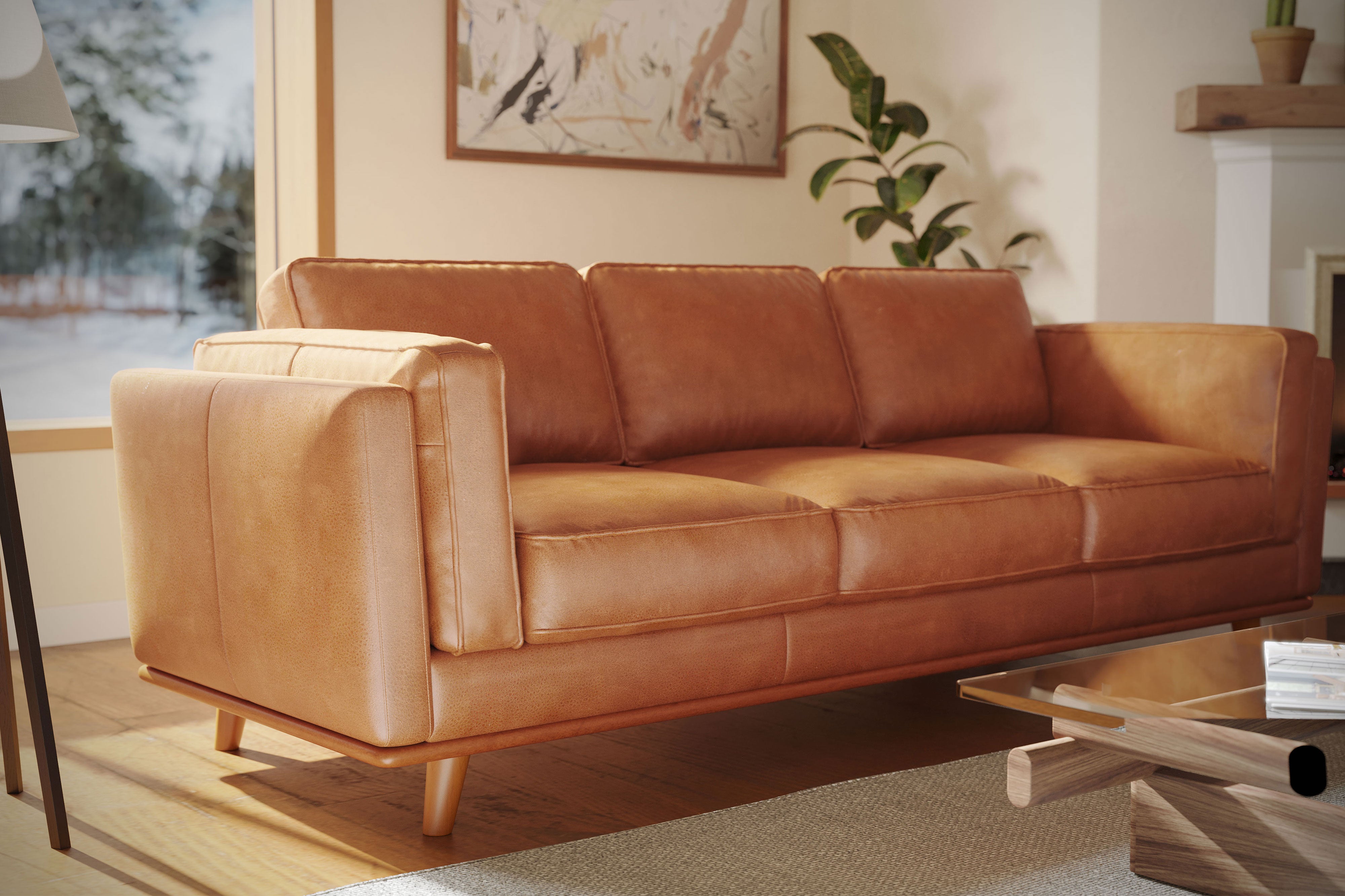 Valencia Artisan Wide Three Seats Leather Sofa, Cognac