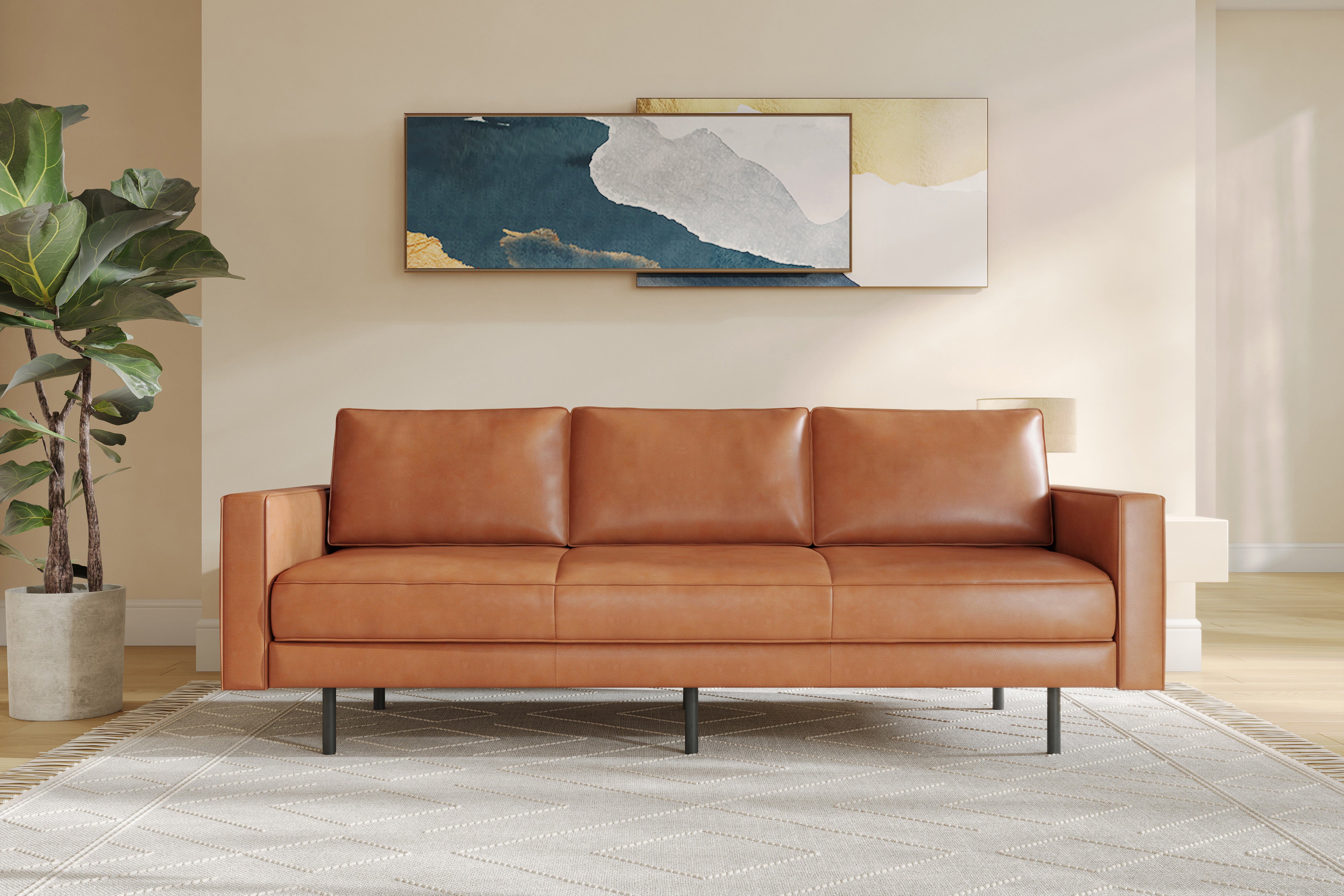 Valencia Varese Top Grain Leather Three Seats Sofa, Cognac