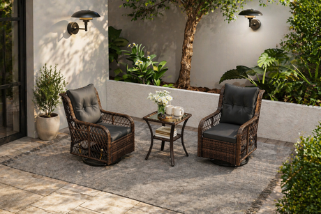 3 Pieces Patio Furniture Set PE Wicker Swivel Glider Chairs with 2-Tier Side Table and Cushions