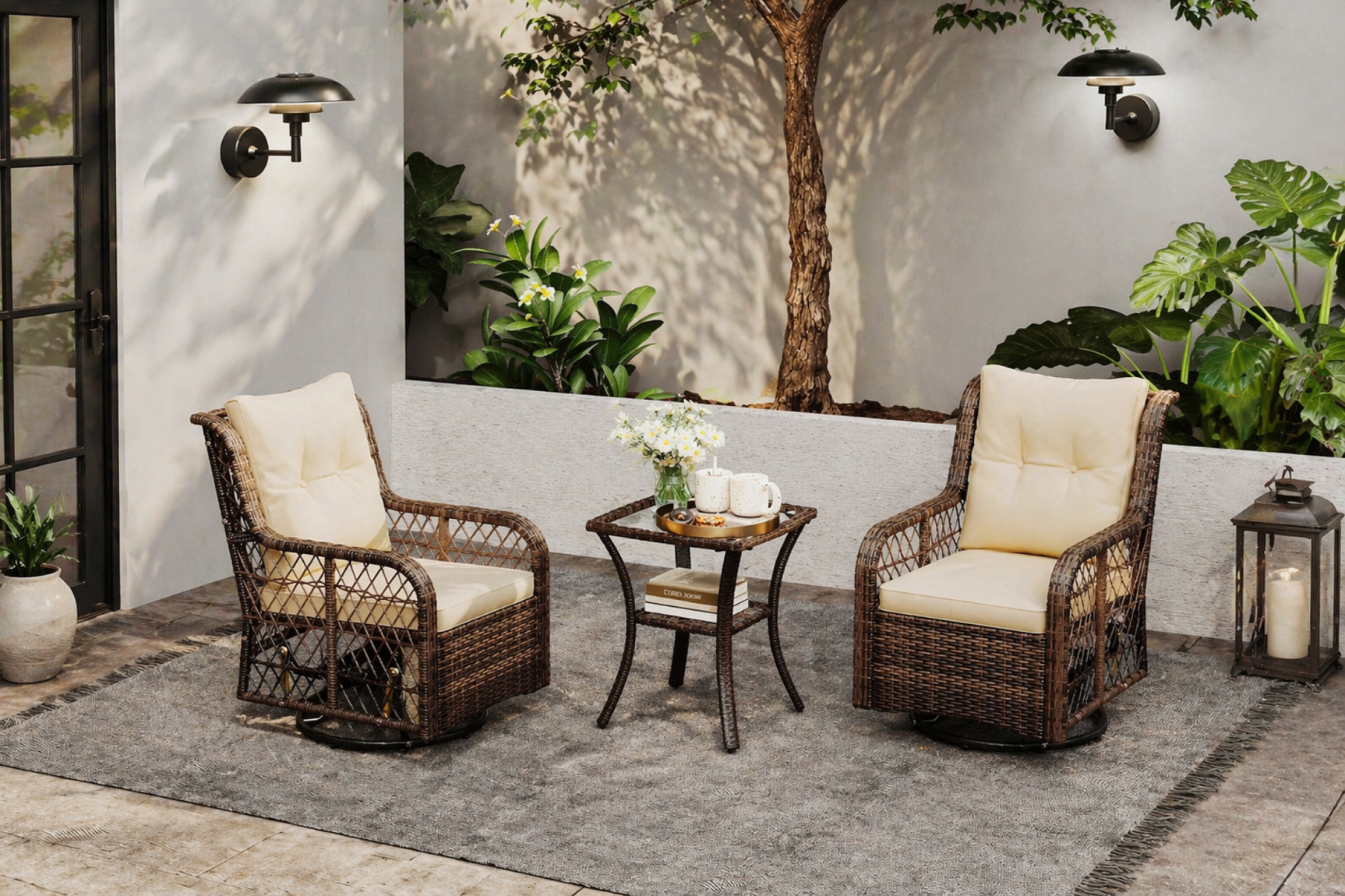 3 Pieces Patio Furniture Set PE Wicker Swivel Glider Chairs with 2-Tier Side Table and Cushions