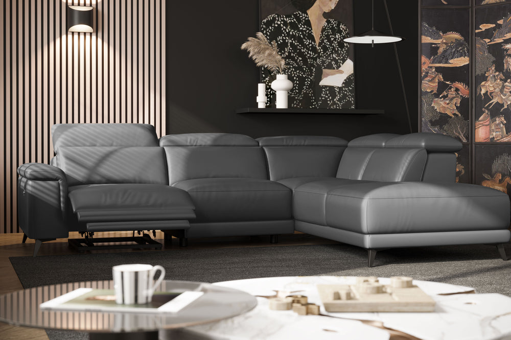 Valencia Pista Modern Top Grain Leather Reclining Sectional Sofa with Right-Hand Facing Chaise, Grey