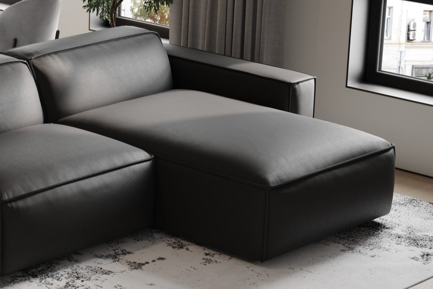 Valencia Nathan Full Aniline Leather Modular Sofa with Down Feather, Bed Shape, Black Color