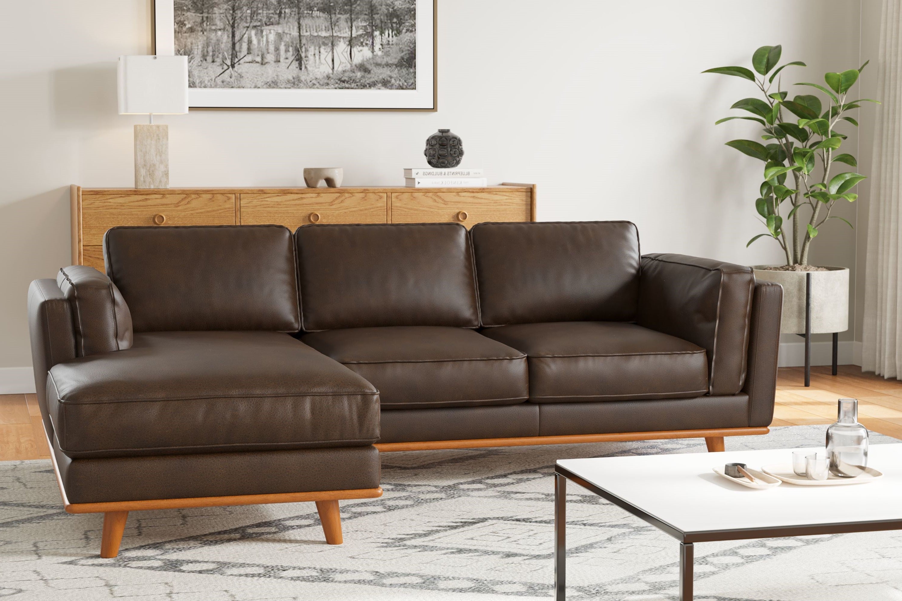 Valencia Artisan Top Grain Three Seats with Left Hand Chaise Leather Sofa, Chocolate