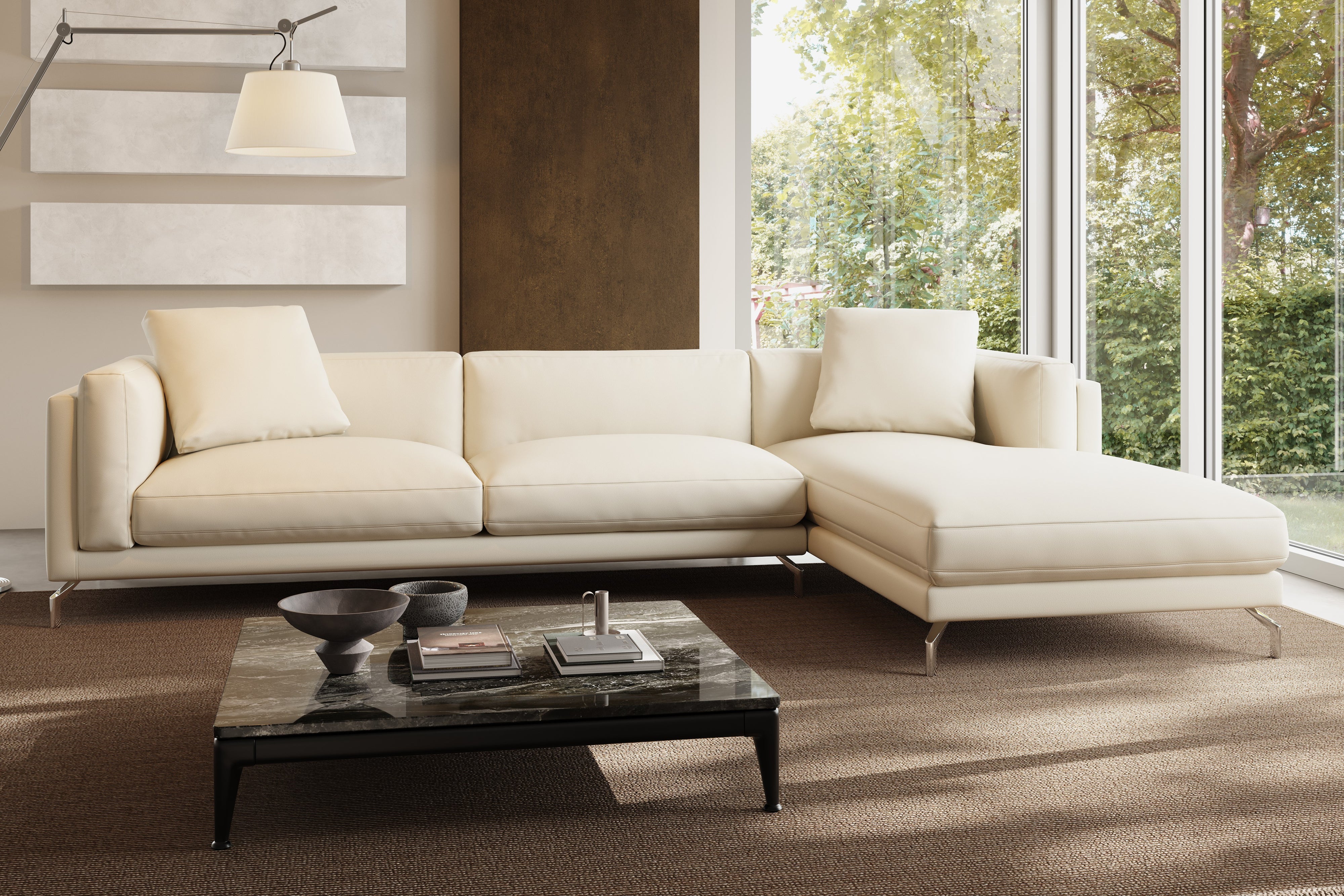 Valencia Zadar Leather Sofa with Right Chaise, Beige