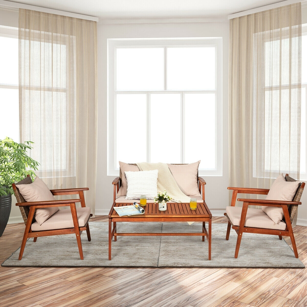 4 Piece  Acacia Wood Patio Rattan Furniture Set