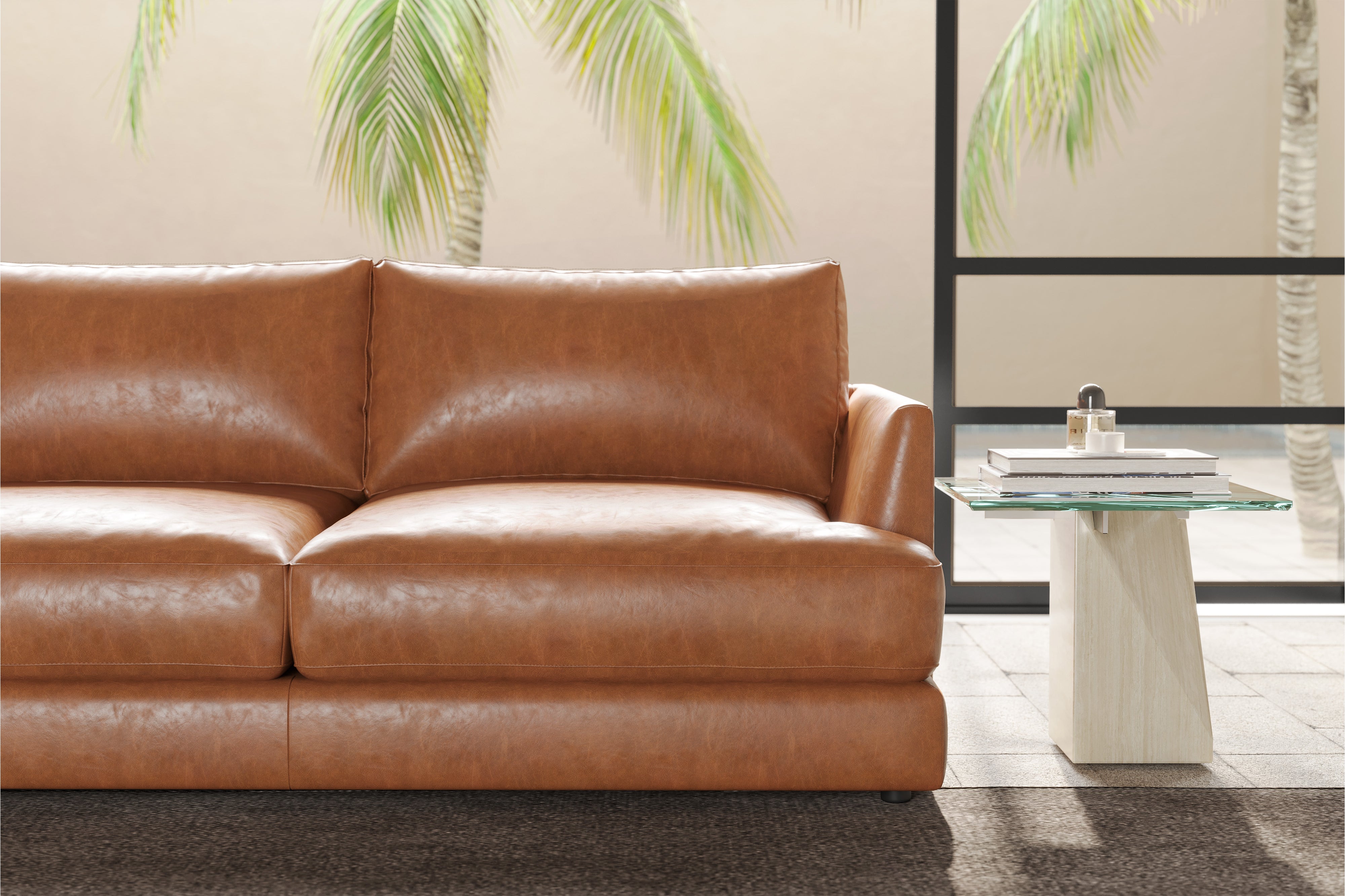 Valencia Serena Leather Three Seats Sectional Sofa, Cognac