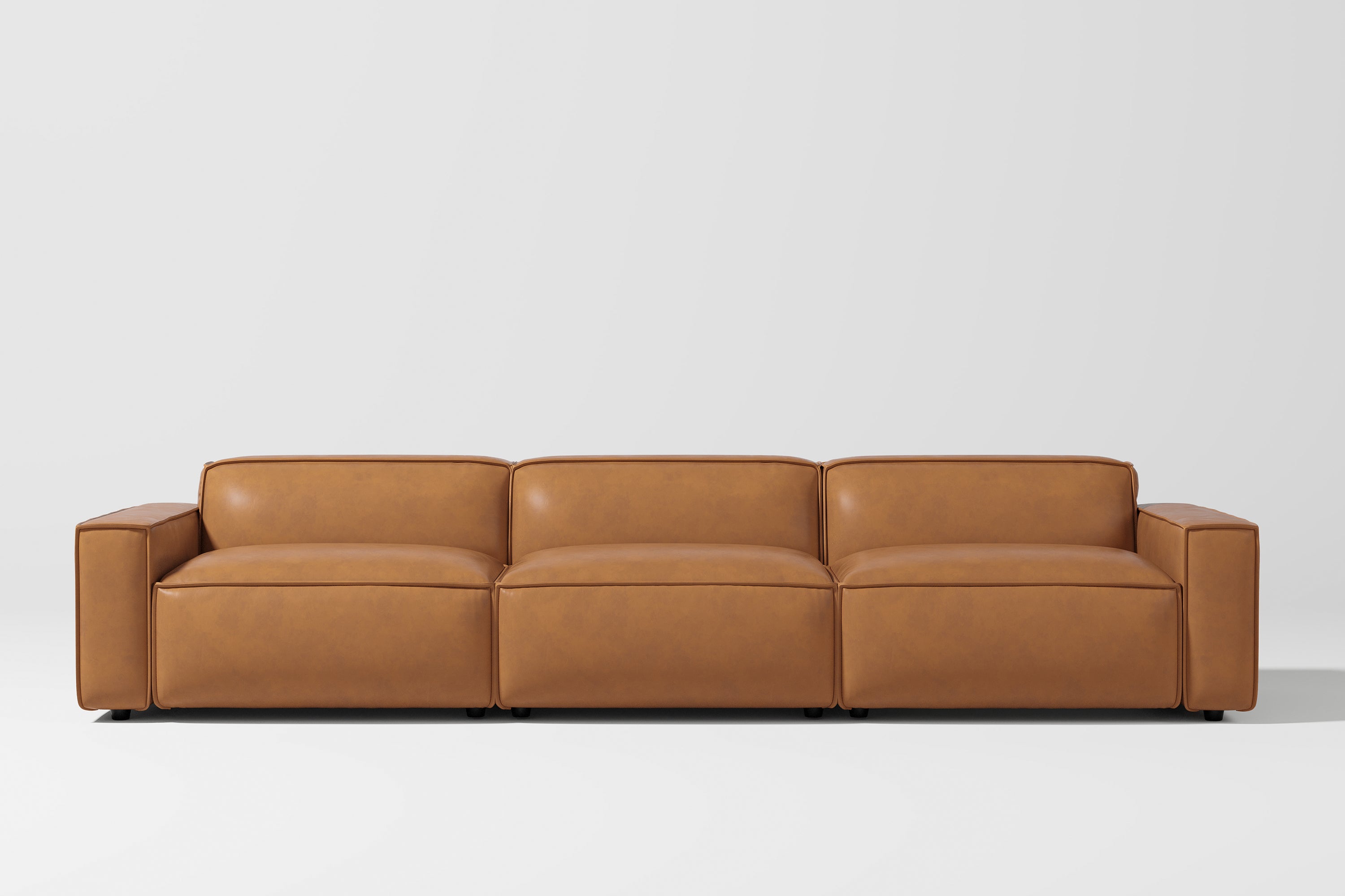 Valencia Nathan Full Aniline Leather Modular Sofa with Down Feather, Three Seats, Caramel Brown Color