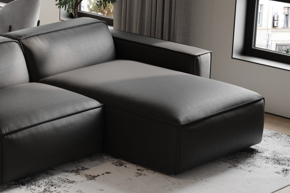 Valencia Nathan Full Aniline Leather Modular Sofa with Down Feather, Row of 3 Double Chaise, Black Color