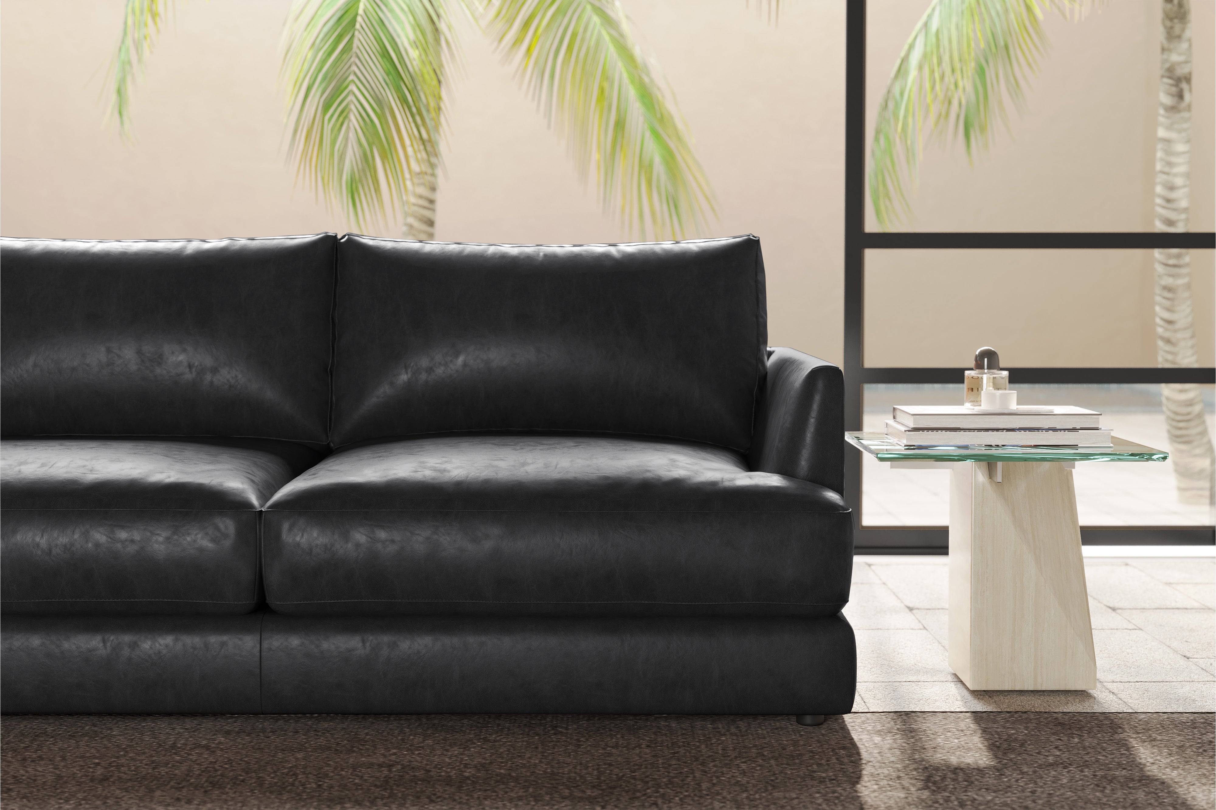 Valencia Serena Leather Three Seats Sectional Sofa, Black