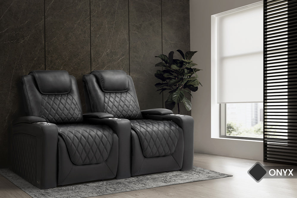 In a Living Room, Left Angled Front View of A Luxurious, Onyx, Two Seats, Wood and Steel Frame, Semi-Aniline Italian Nappa Leather Oslo Luxury Edition Home Theater Seating.