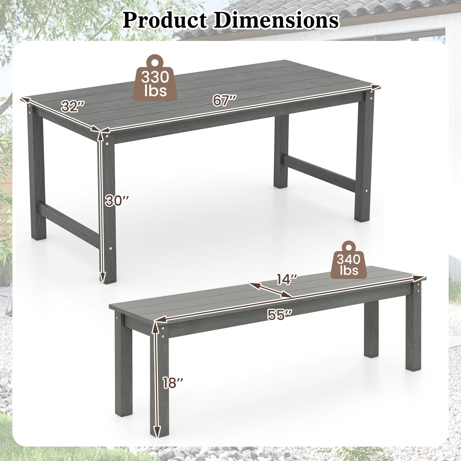 3 Pieces Outdoor Dining Table Set with 2 Benches