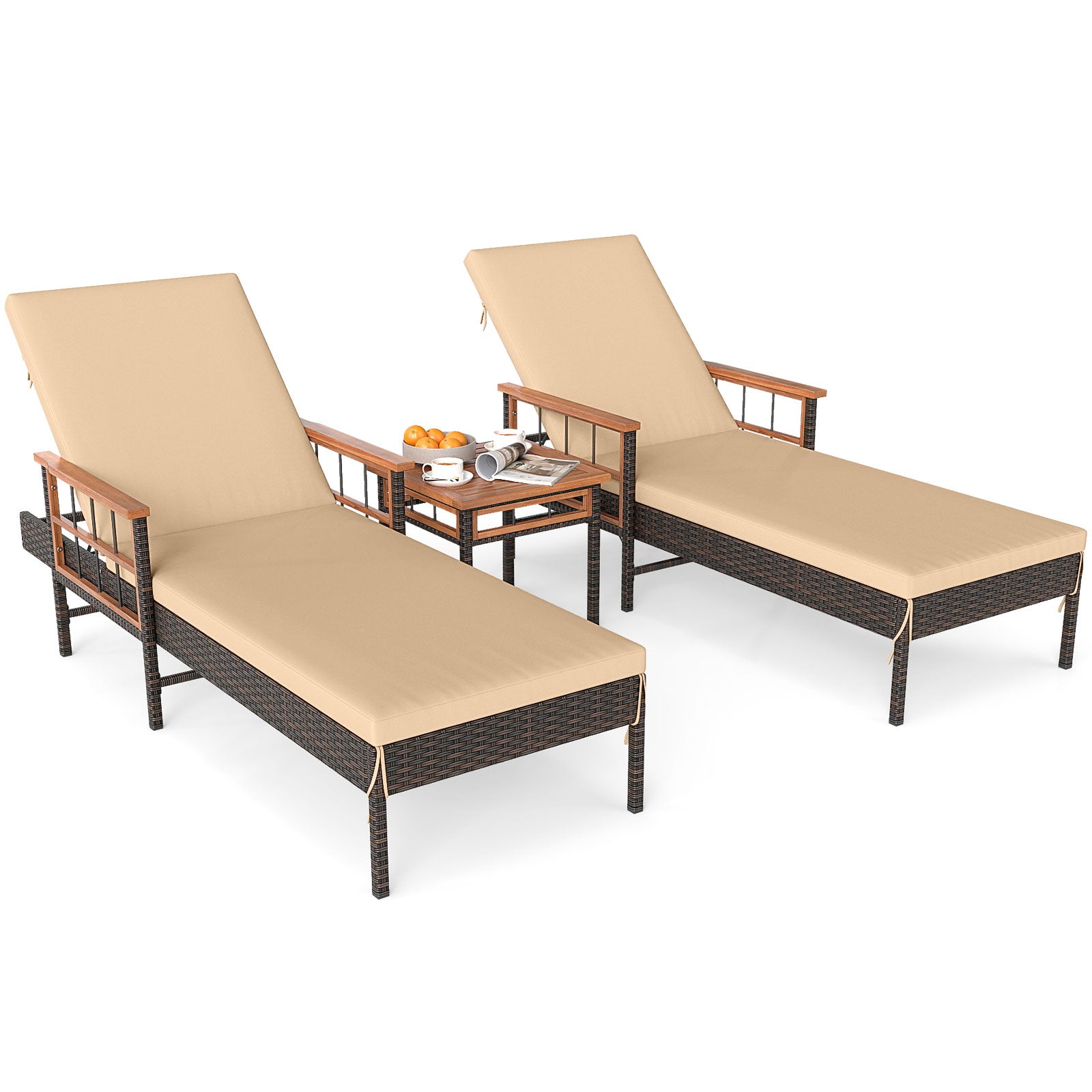3 Pieces Patio Chaise Lounge Set for Poolside Backyard Porch