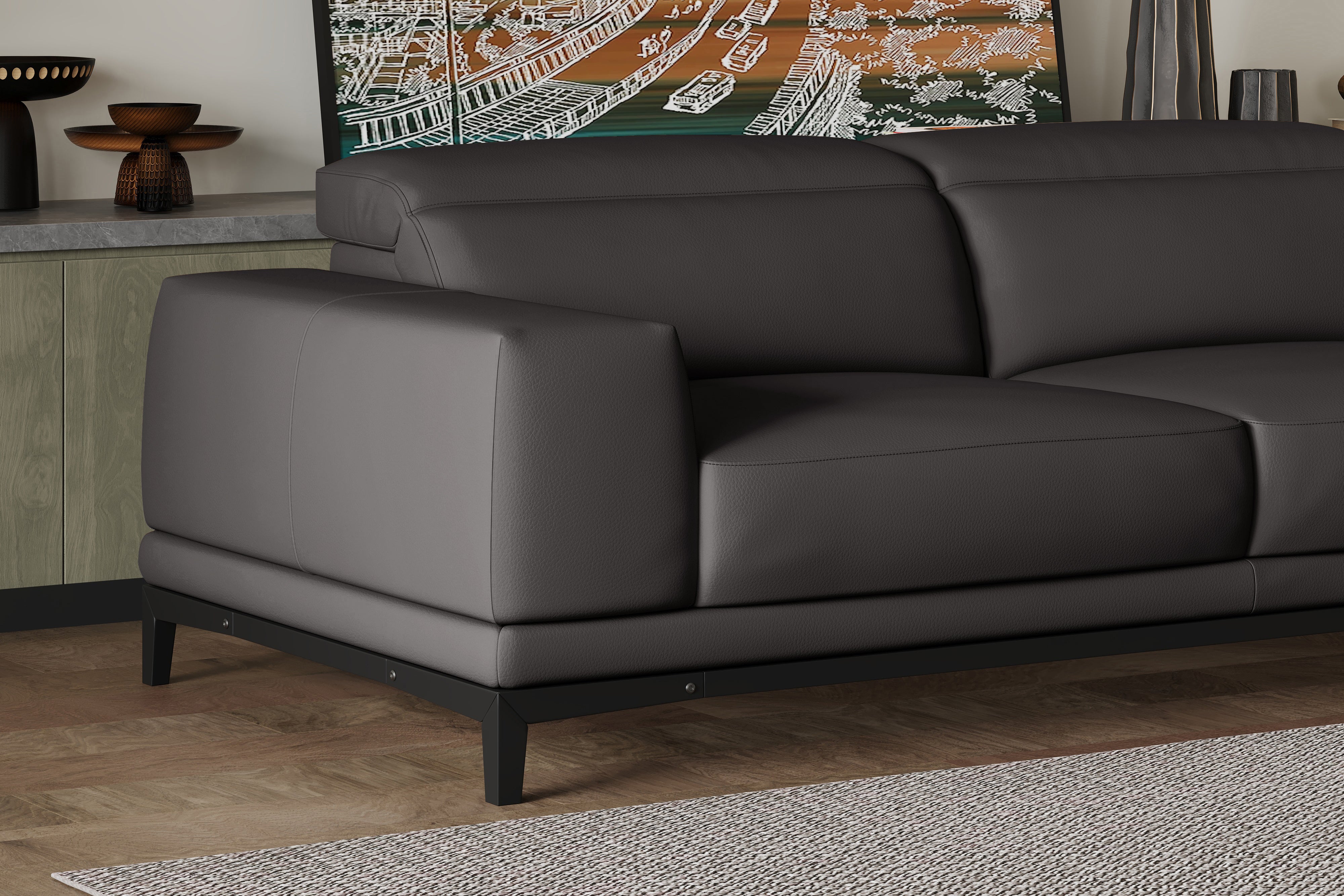 Valencia Valletta Top Grain Leather Three Seats with Right Chaise Sofa, Dark Grey