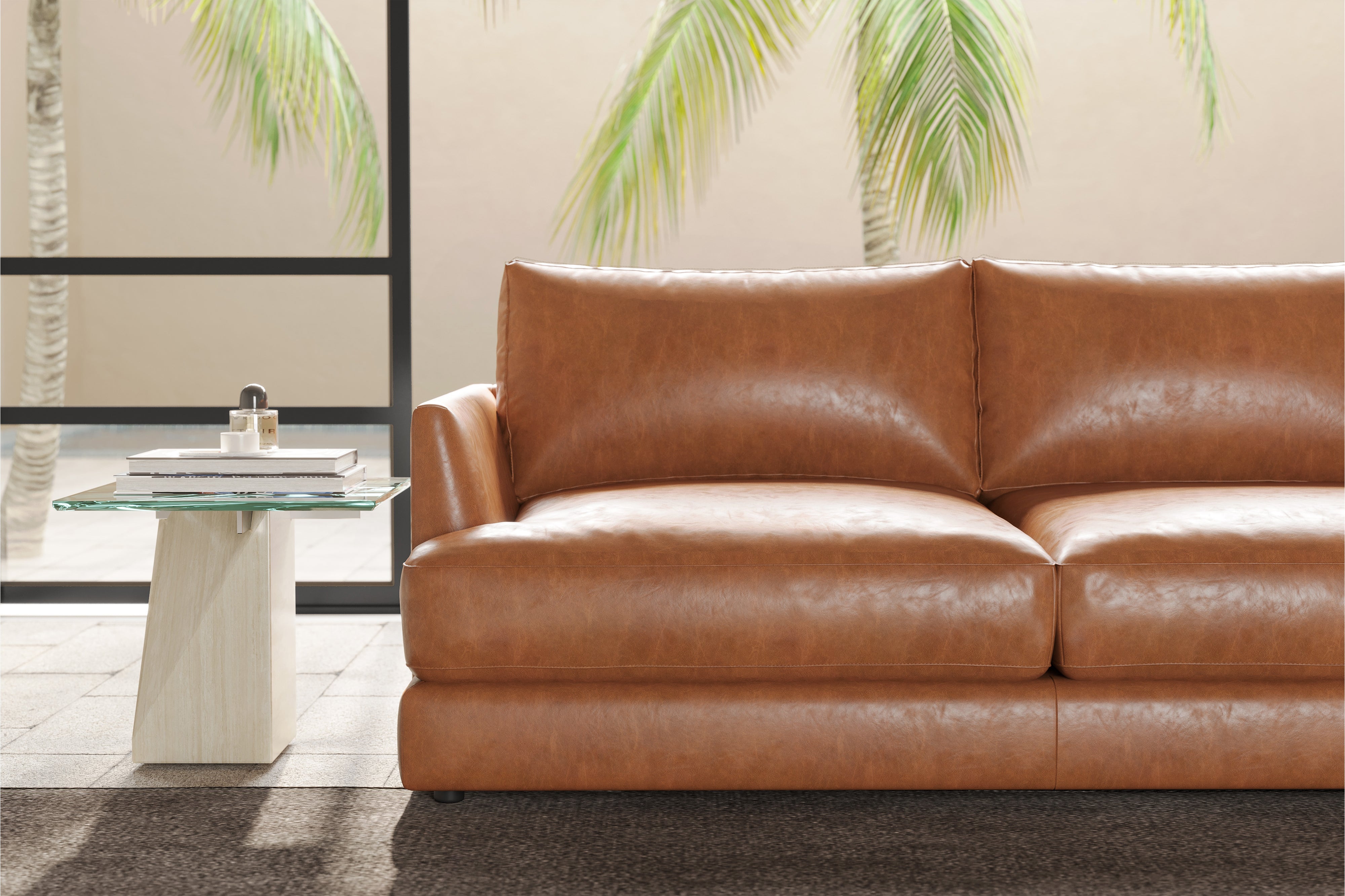 Valencia Serena Leather Three Seats with Right Chaise Sectional Sofa, Cognac