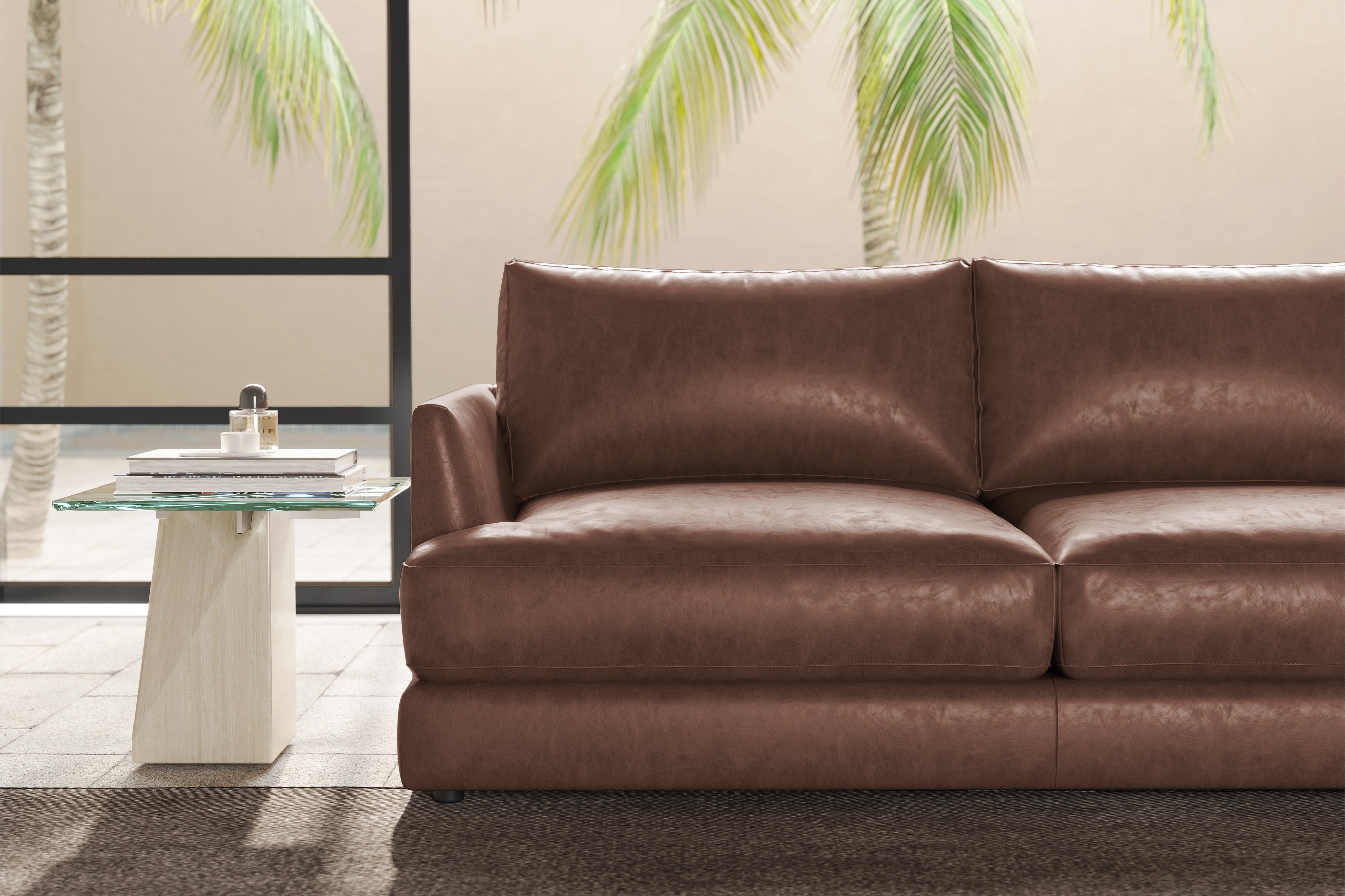 Valencia Serena Leather Three Seats with Right Chaise Sectional Sofa, Brown