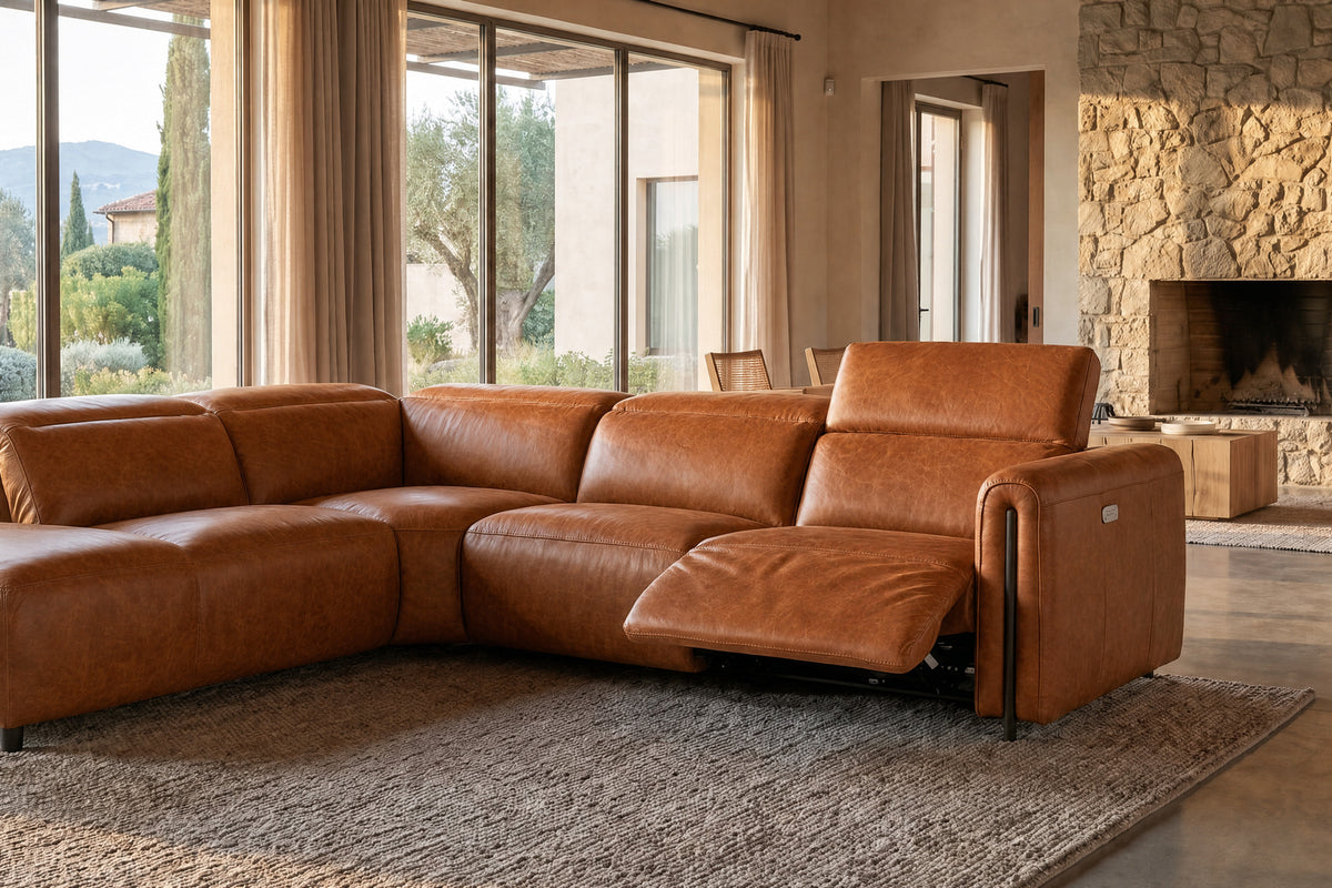 Octavia Distressed Italian Aniline Leather Reclining Corner Sectional Sofa