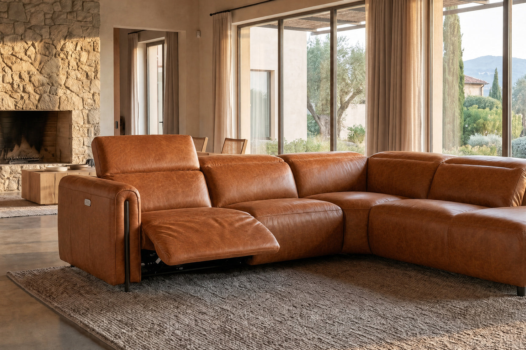 Octavia Distressed Italian Aniline Leather Reclining Corner Sectional Sofa